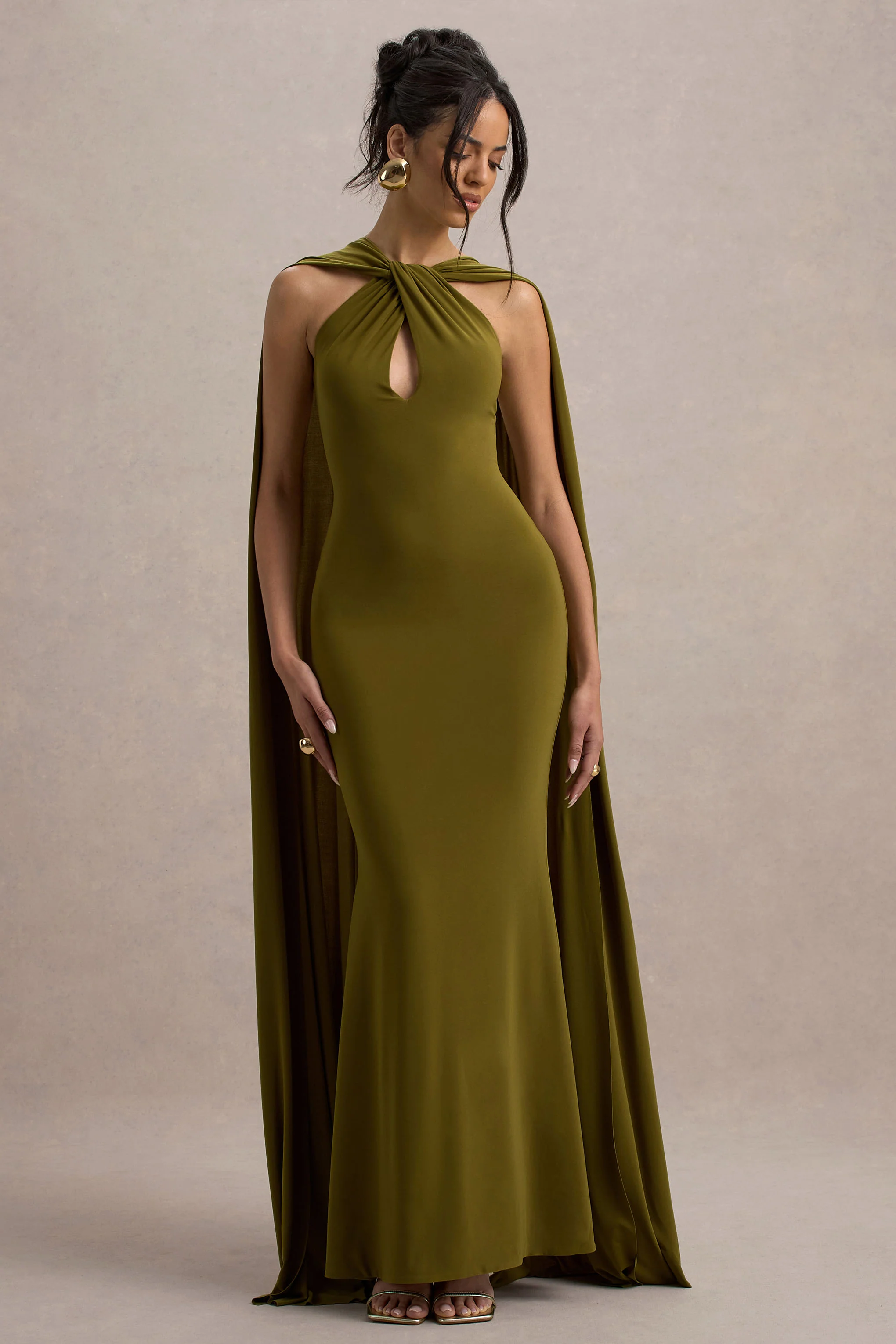 Rhoda | Green Twist Halter-Neck Cape Maxi Dress - Image 5