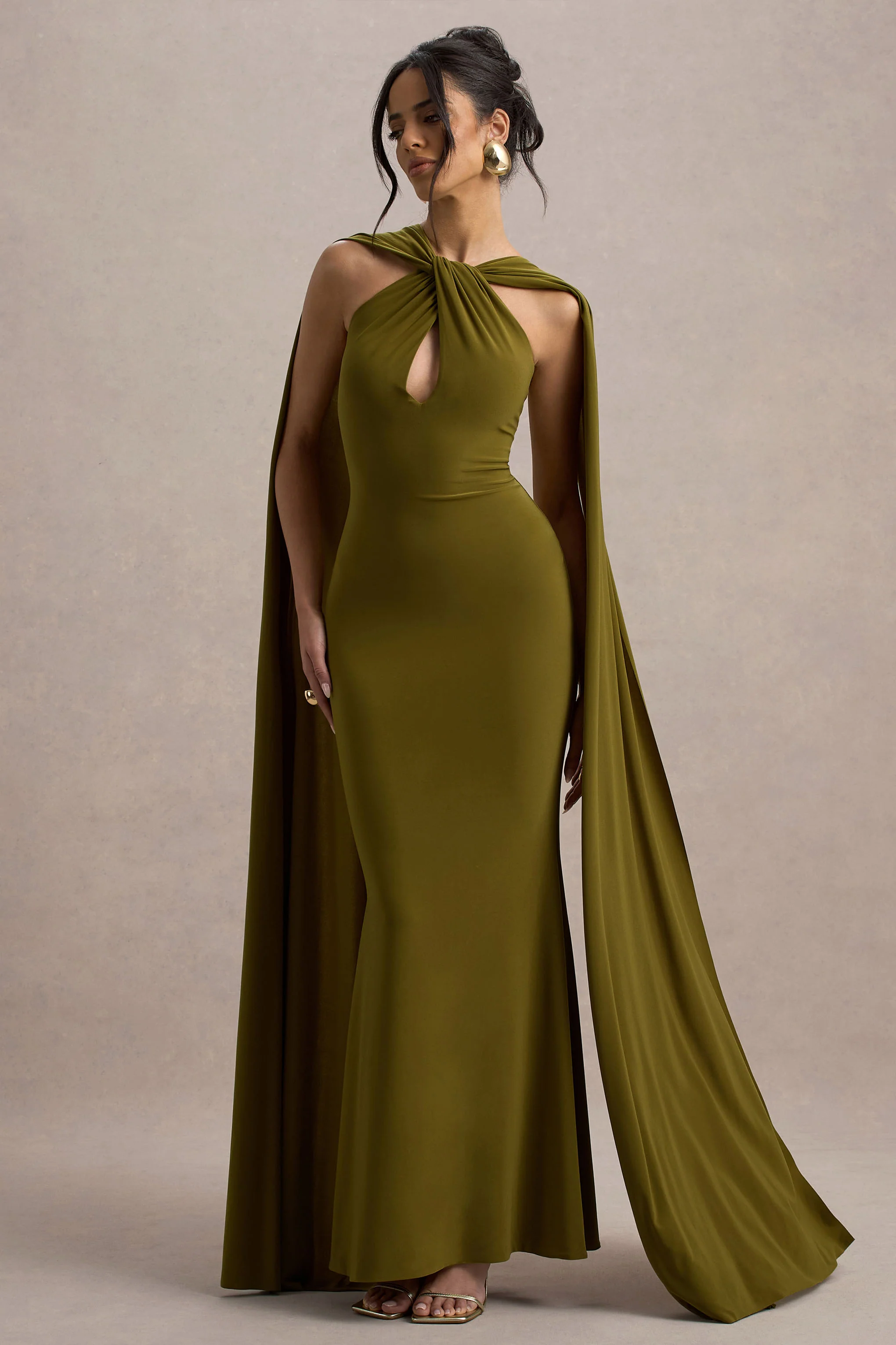 Rhoda | Green Twist Halter-Neck Cape Maxi Dress - Image 6