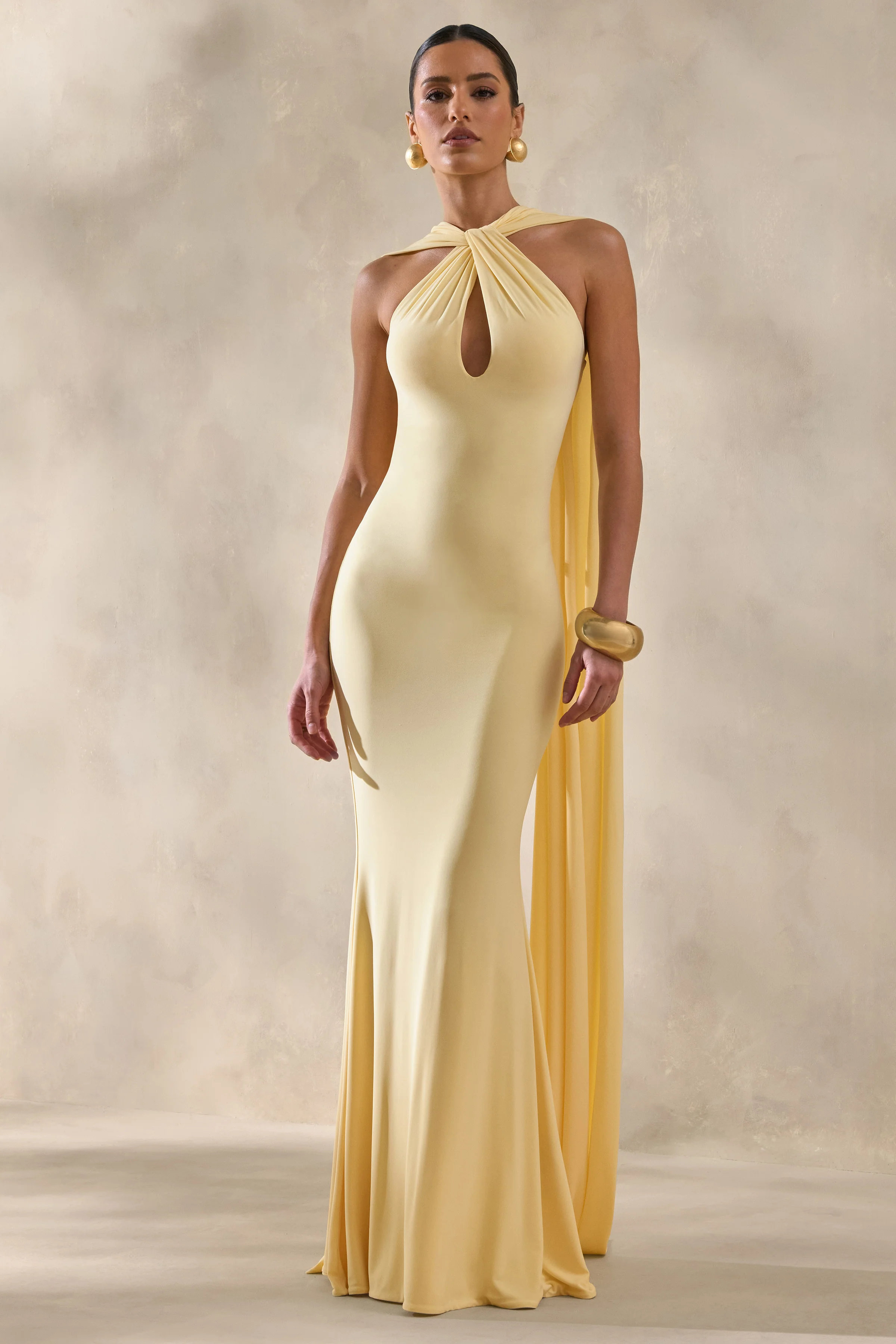 Rhoda | Lemon Twist Halter-Neck Cape Maxi Dress - Image 4