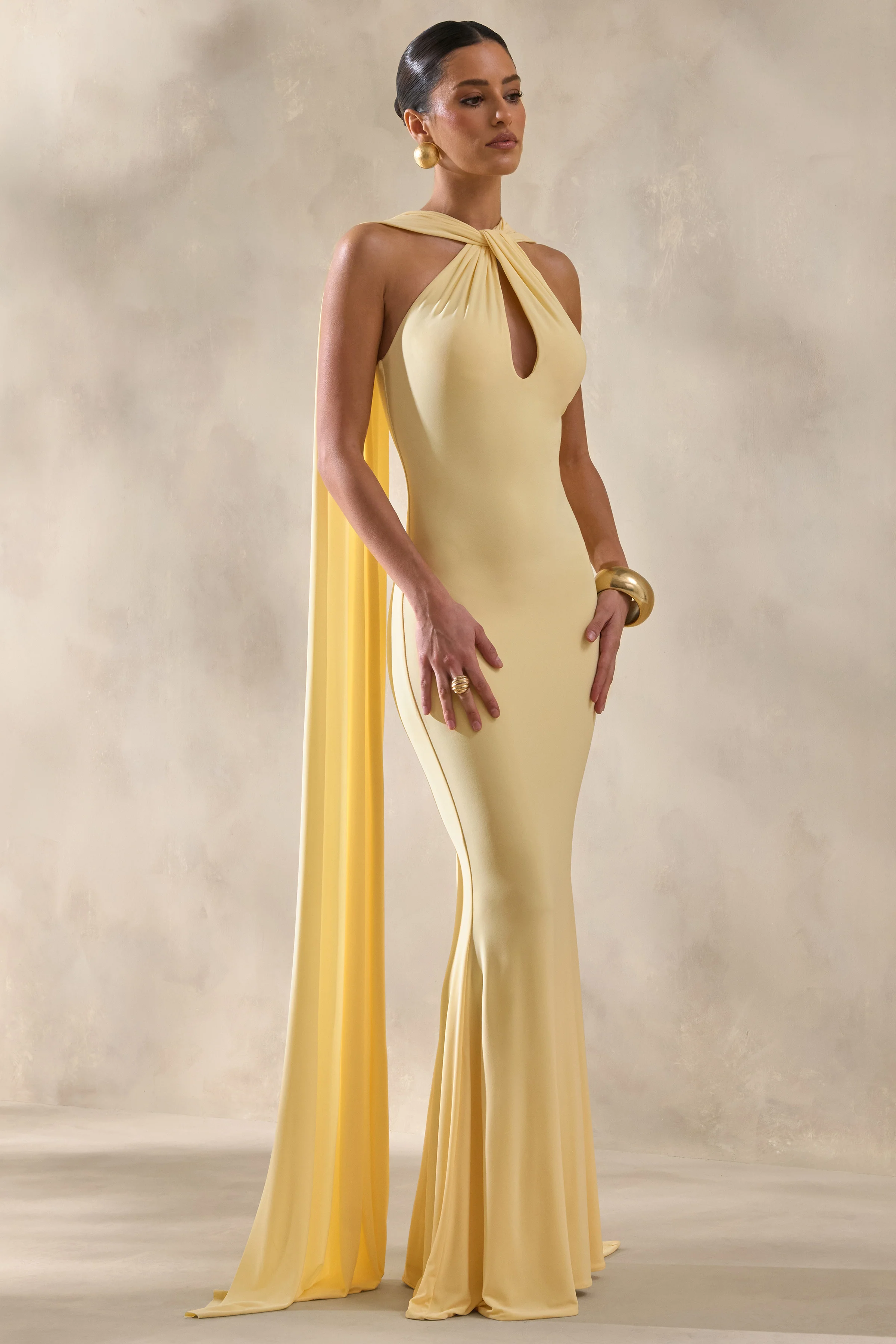 Rhoda | Lemon Twist Halter-Neck Cape Maxi Dress - Image 6