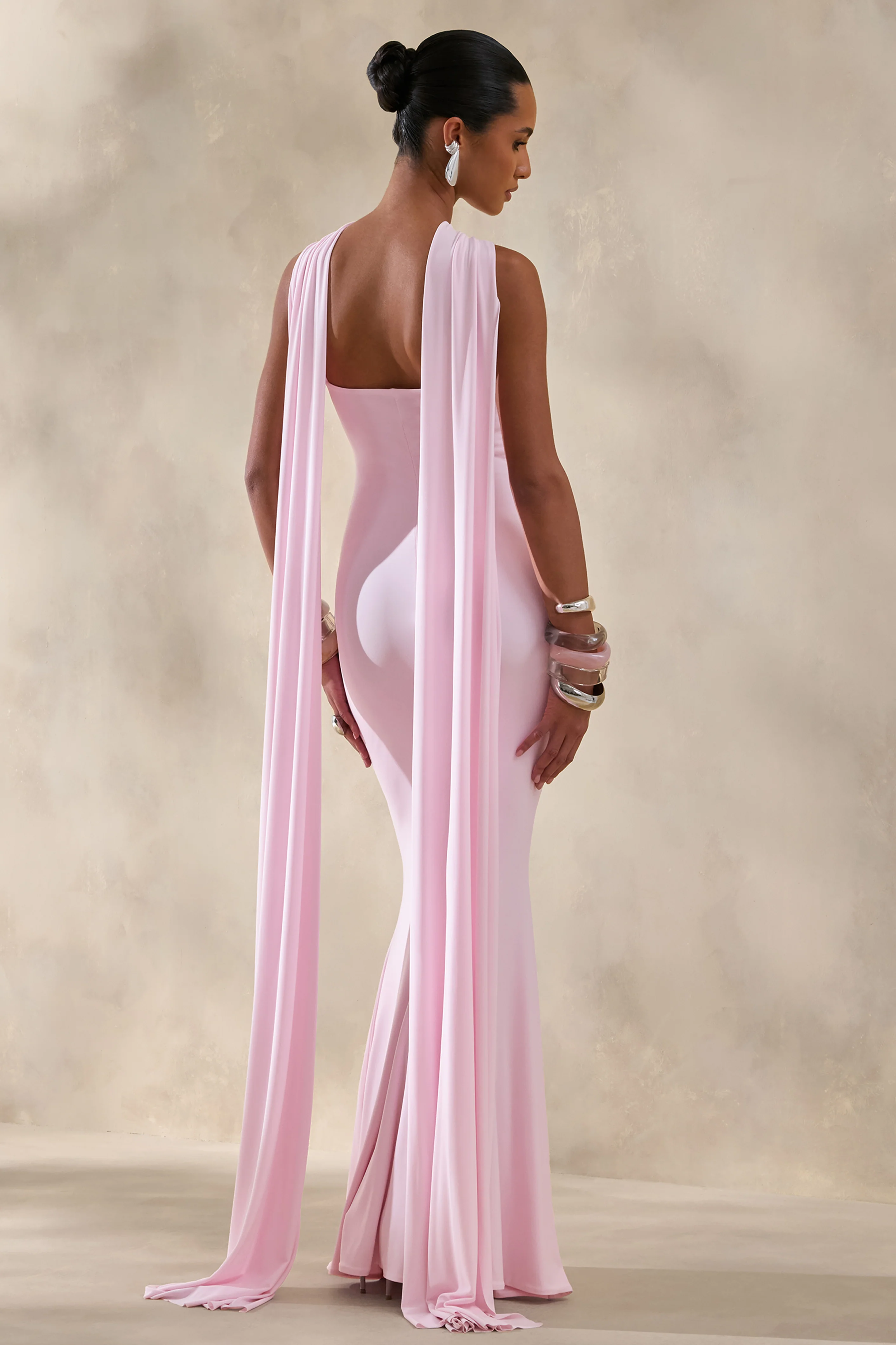 Rhoda | Light Pink Twist Halter-Neck Cape Maxi Dress - Image 2