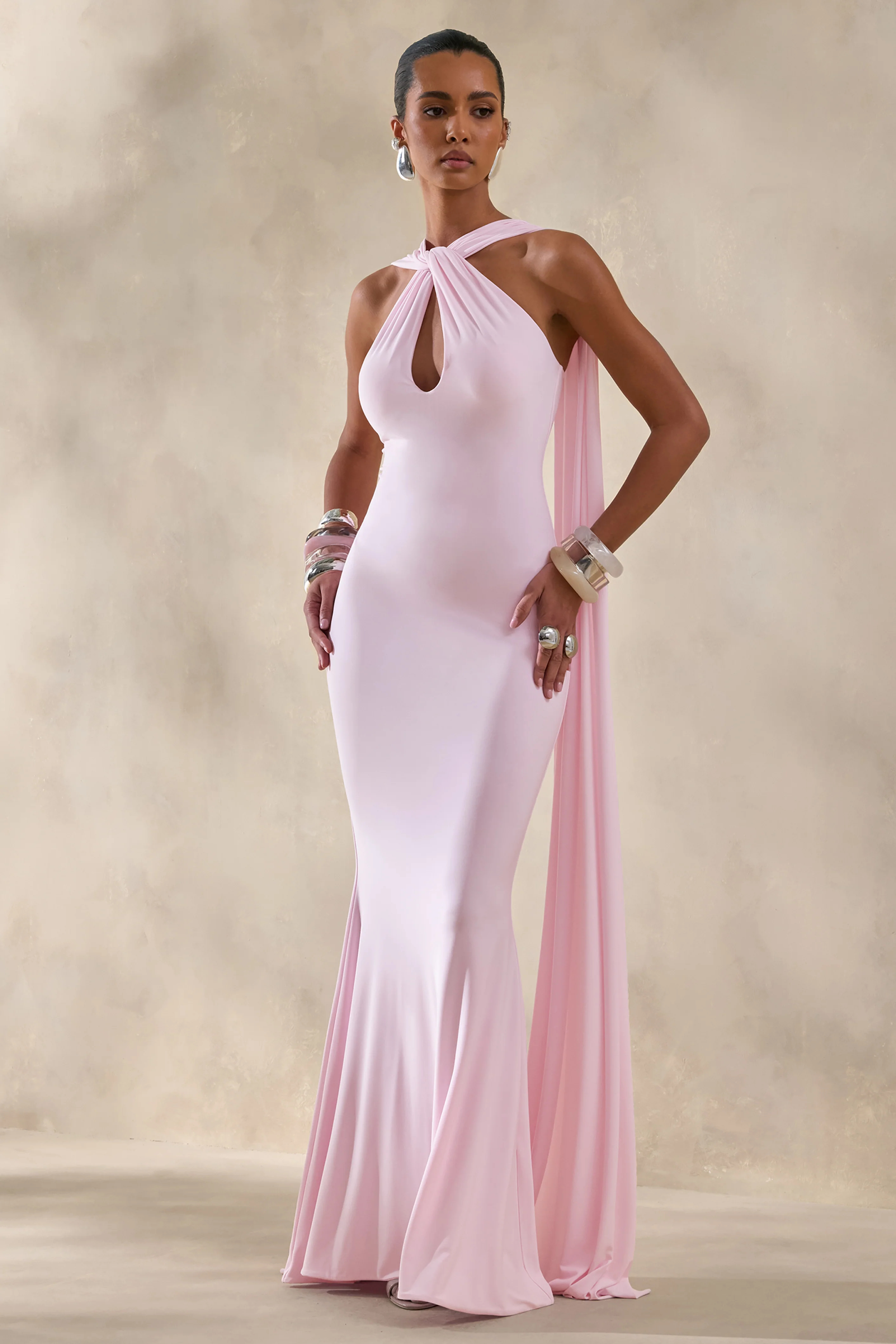 Rhoda | Light Pink Twist Halter-Neck Cape Maxi Dress - Image 4