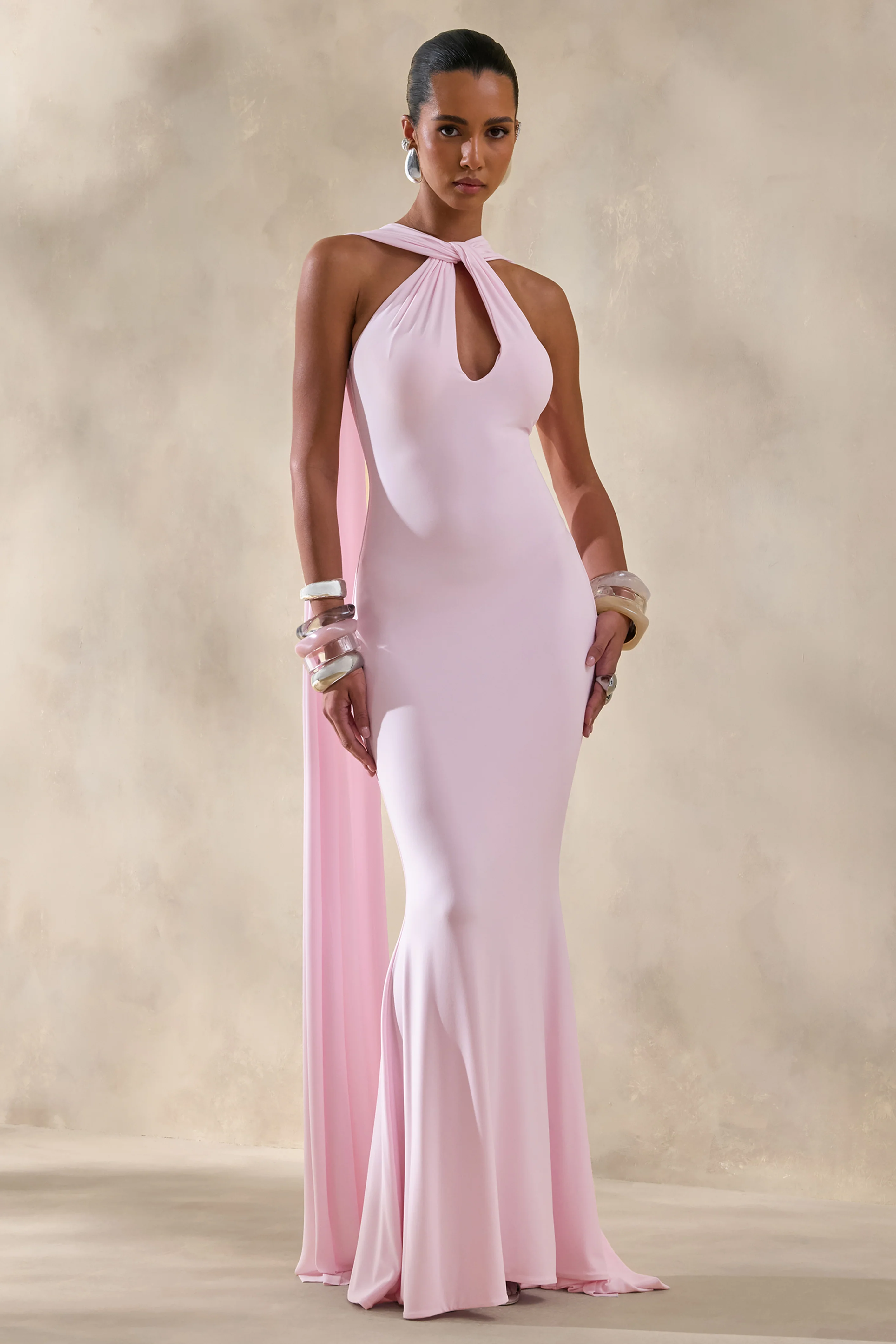 Rhoda | Light Pink Twist Halter-Neck Cape Maxi Dress - Image 5