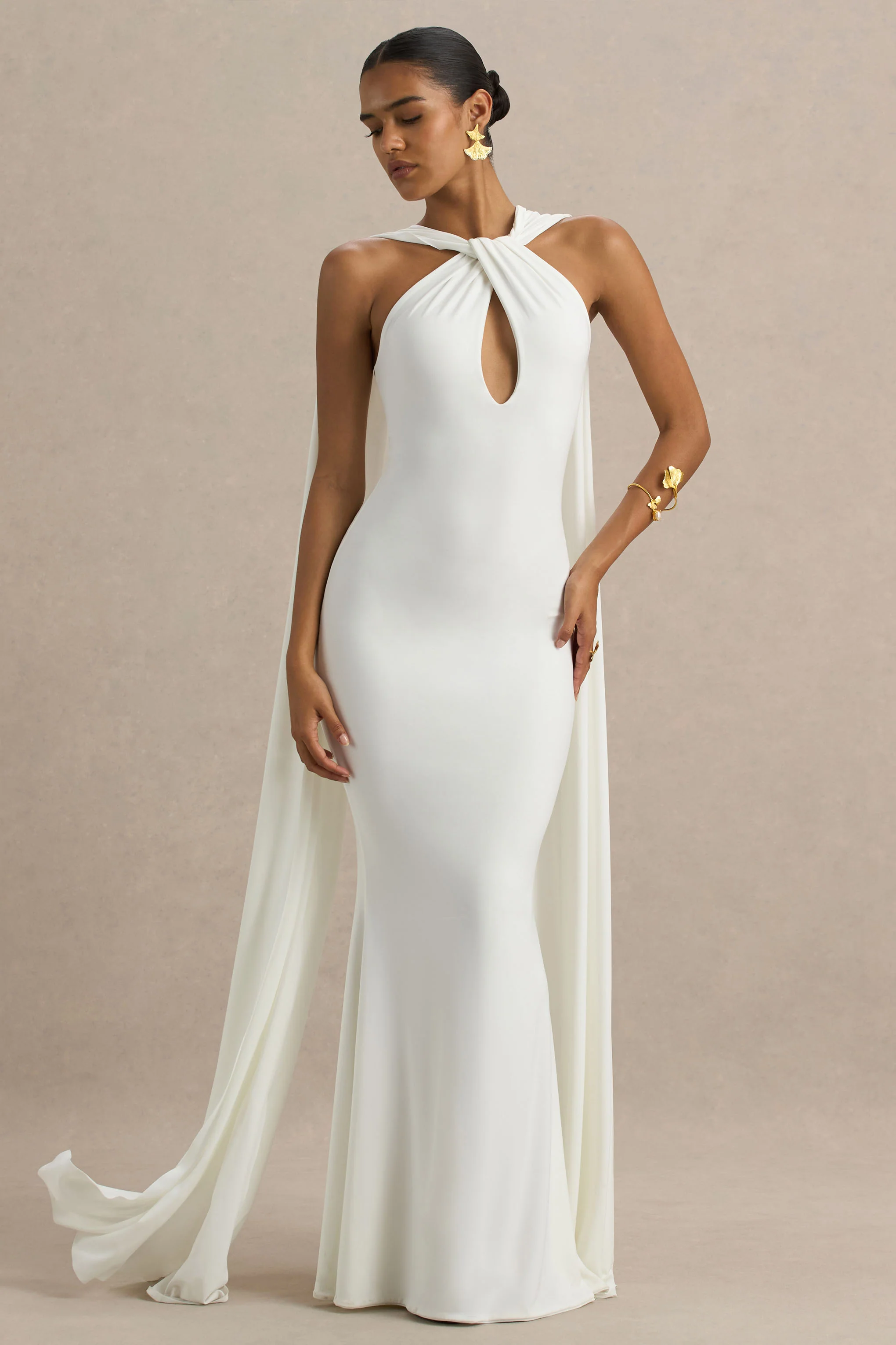 Rhoda | White Twist Halter-Neck Cape Maxi Dress - Image 3