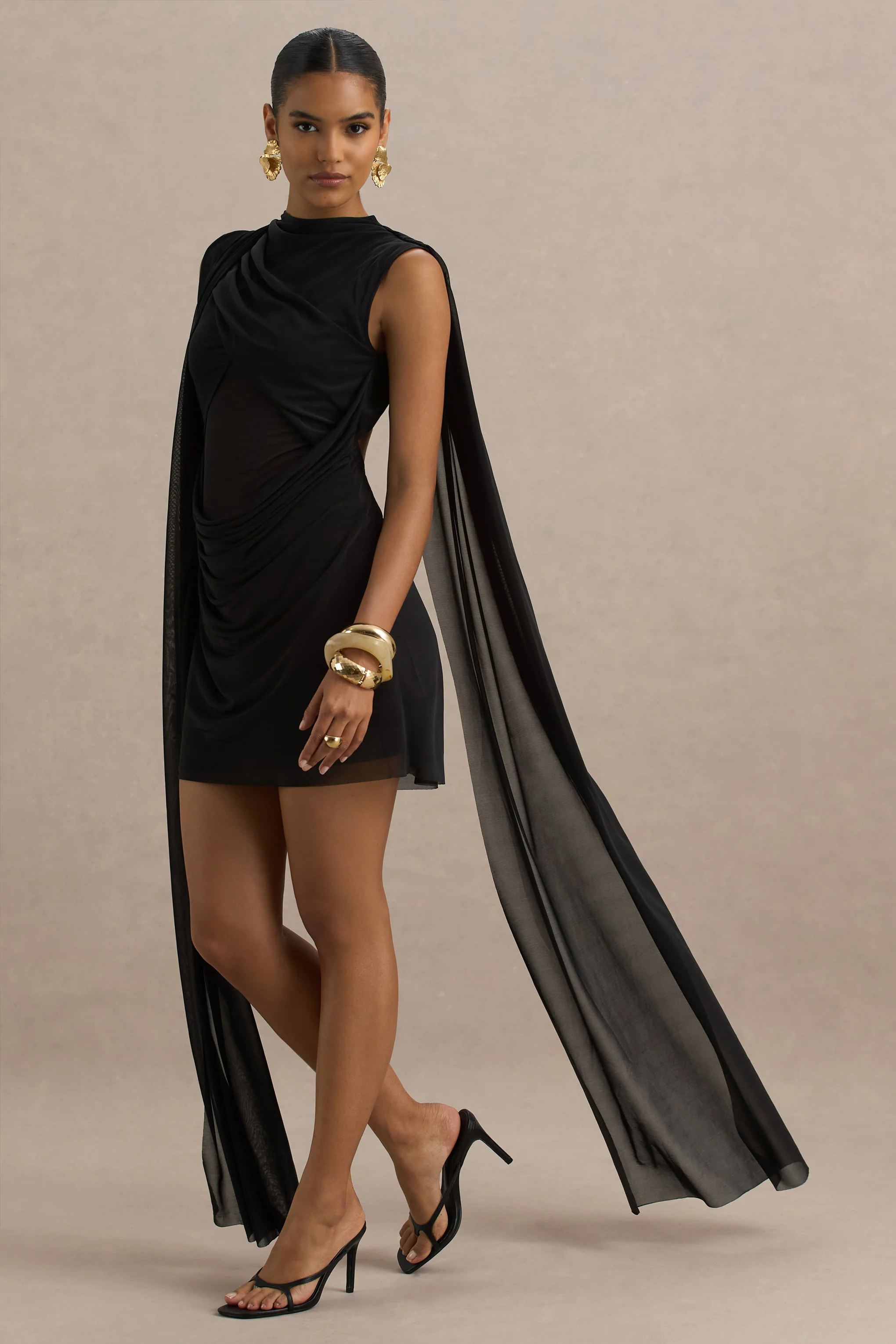 Riad | Black Chiffon Mini Dress With Sheer Bodice Two-Sleeve Cape - Image 5