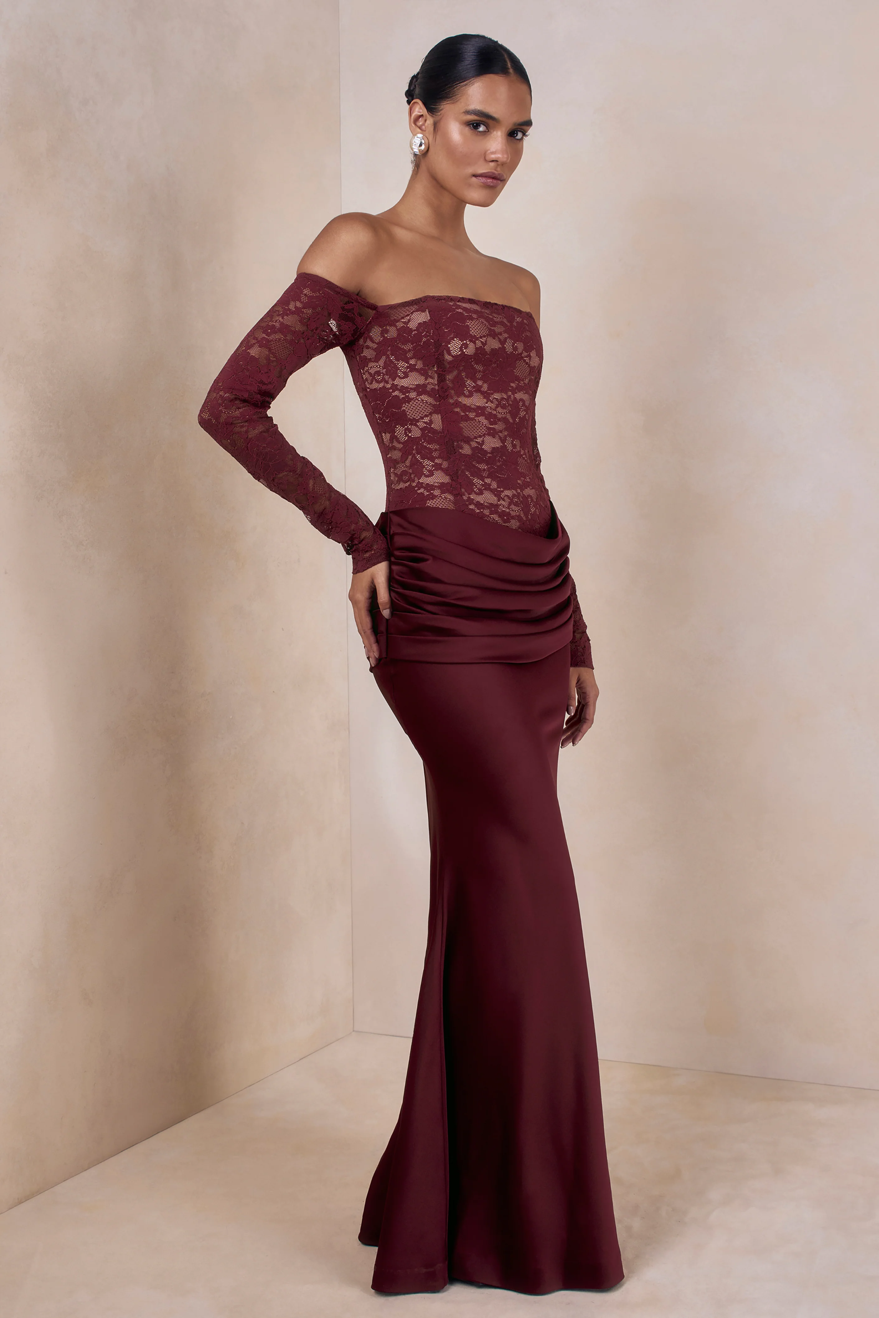 Rinna | Burgundy Lace Bardot-Neck Maxi Dress - Image 4