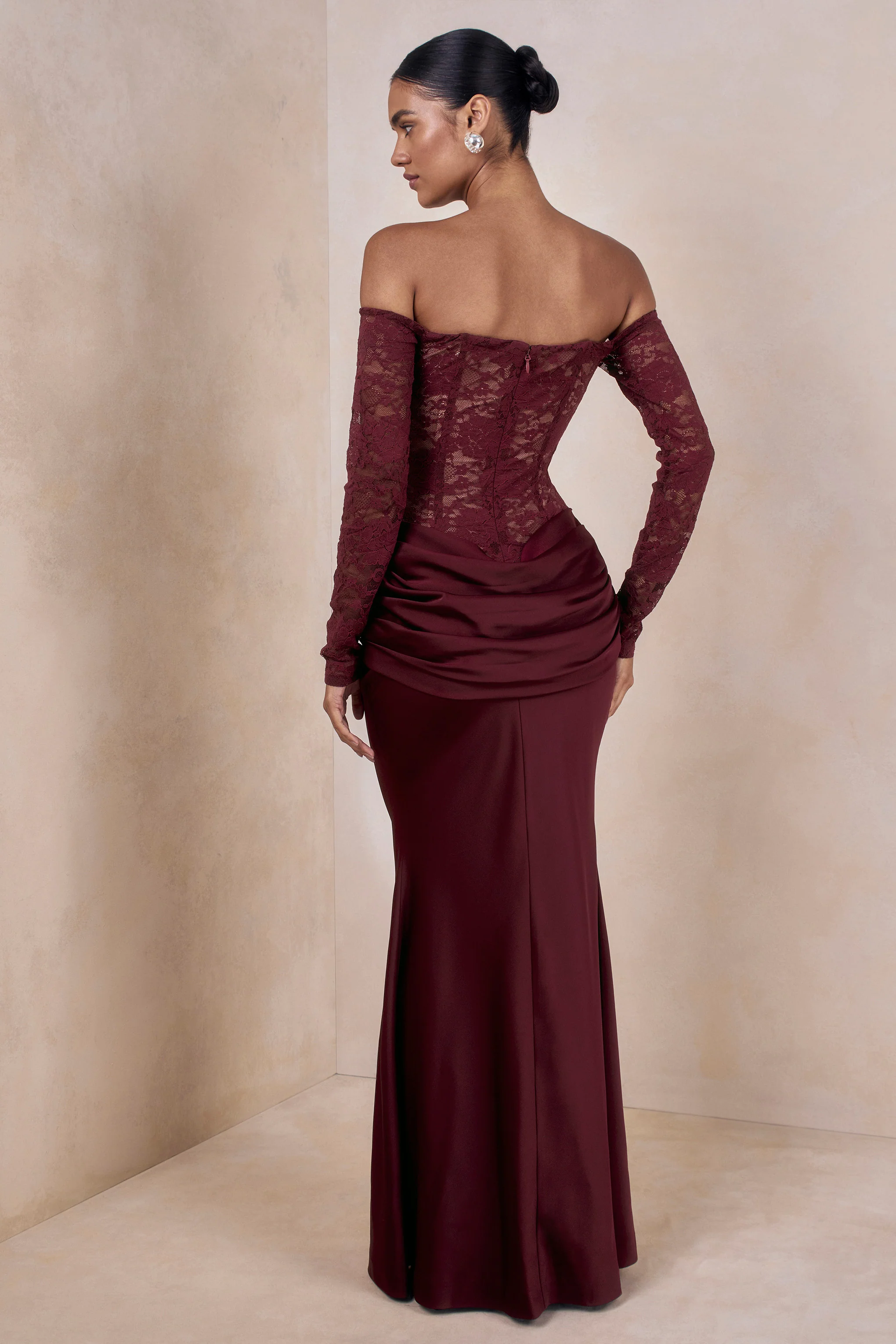 Rinna | Burgundy Lace Bardot-Neck Maxi Dress - Image 8