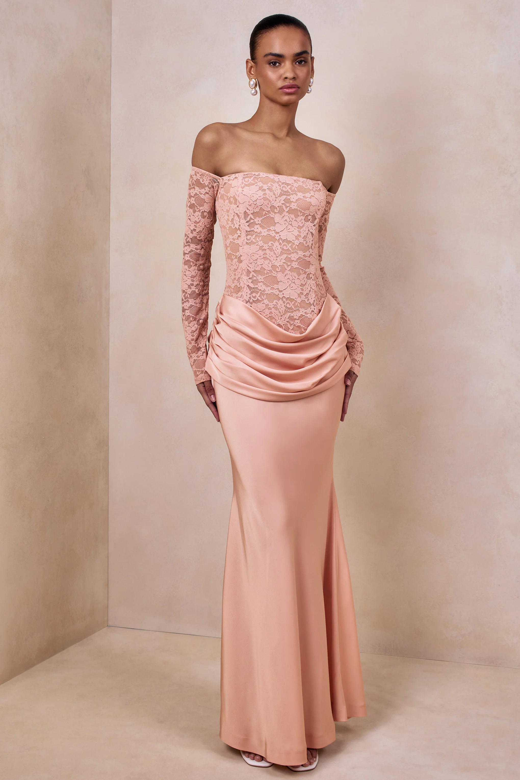 Rinna | Pink Lace And Satin Bardot-Neck Maxi Dress - Image 4