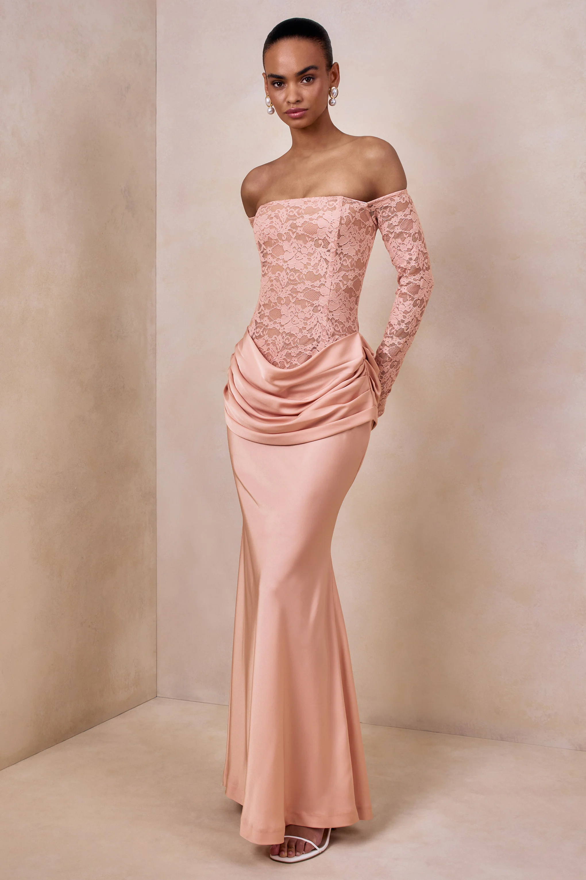Rinna | Pink Lace And Satin Bardot-Neck Maxi Dress - Image 6