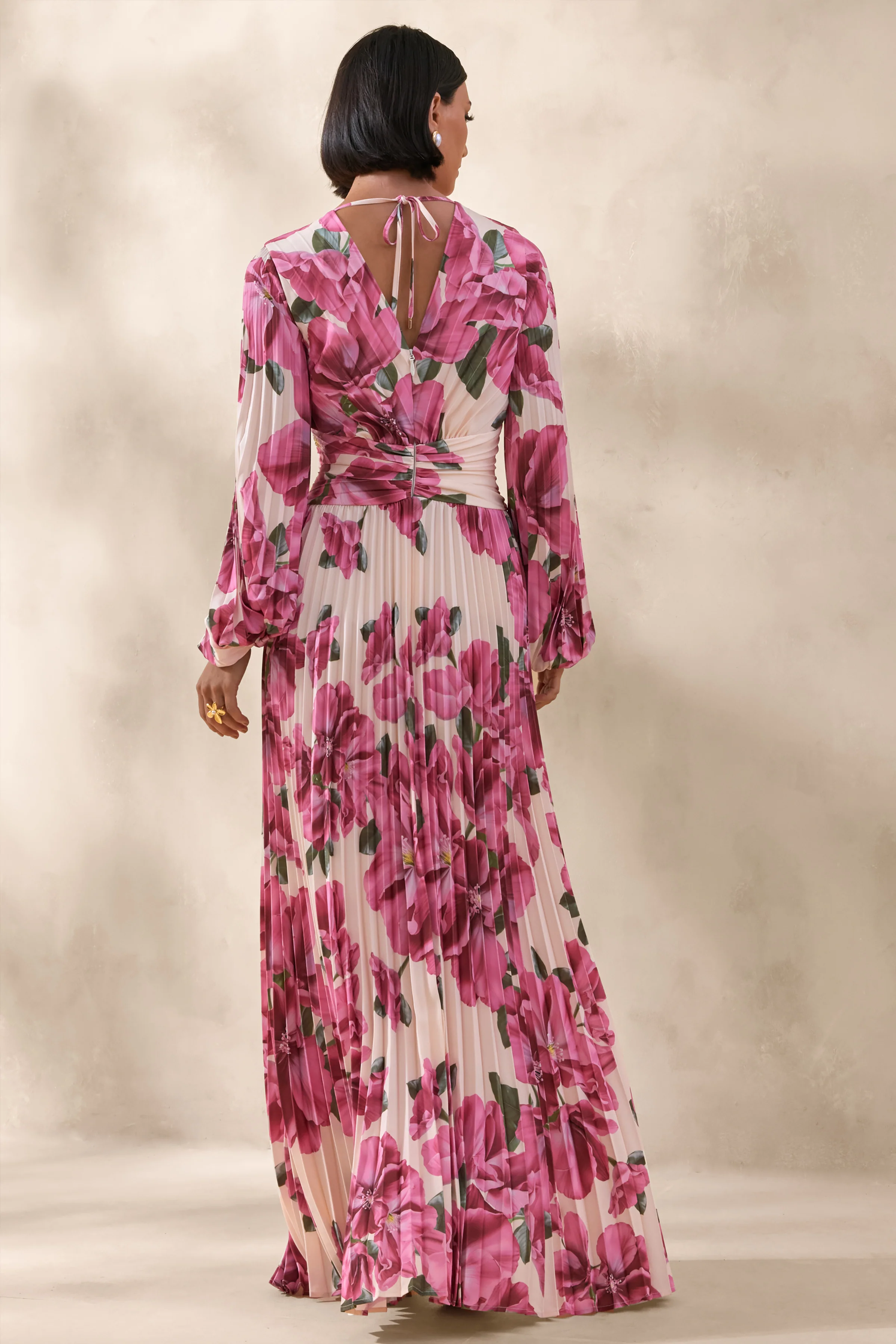 Rionna | Pink Hibiscus Print High-Neck Maxi Dress With Cut-Out Detailing - Image 3