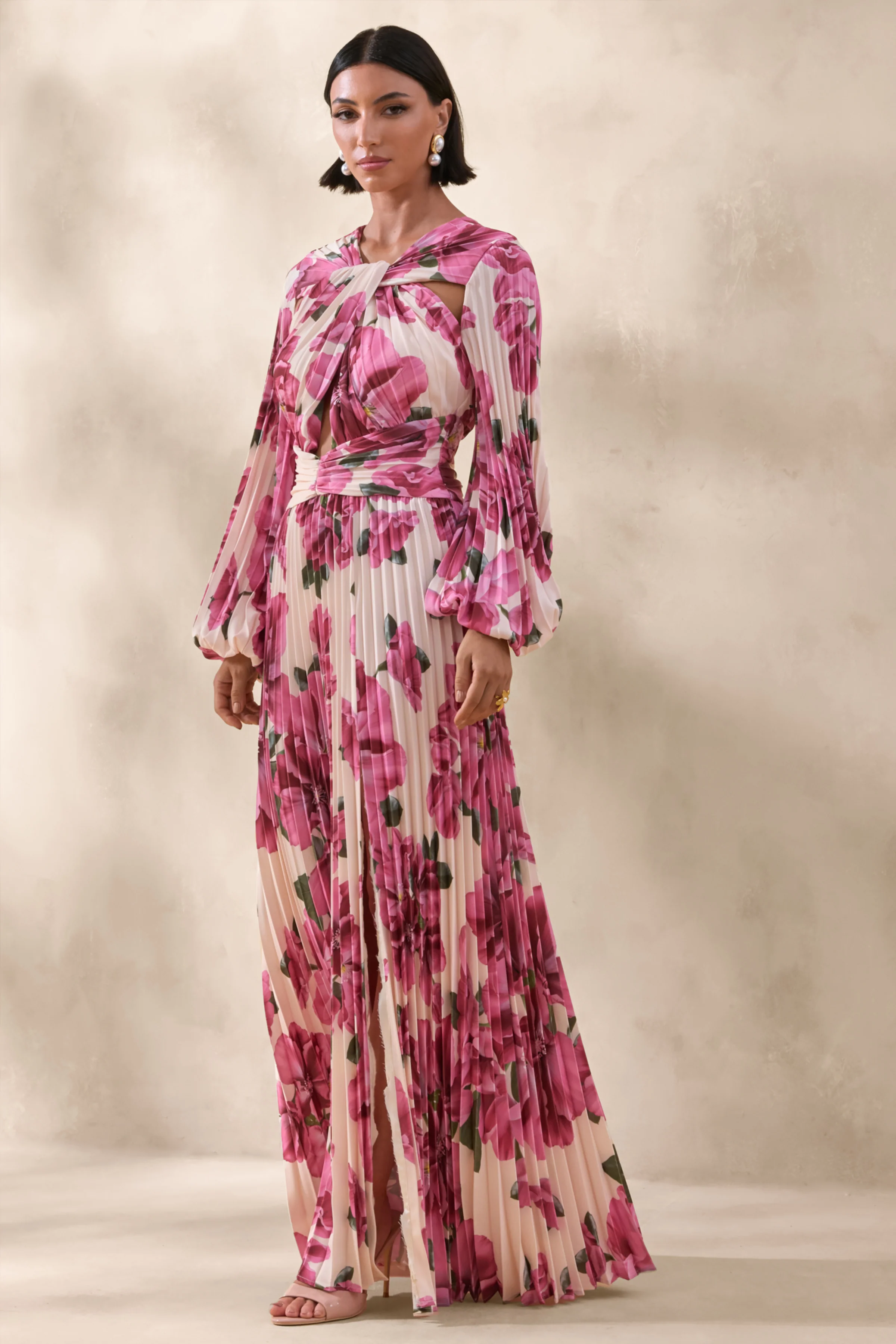 Rionna | Pink Hibiscus Print High-Neck Maxi Dress With Cut-Out Detailing - Image 5