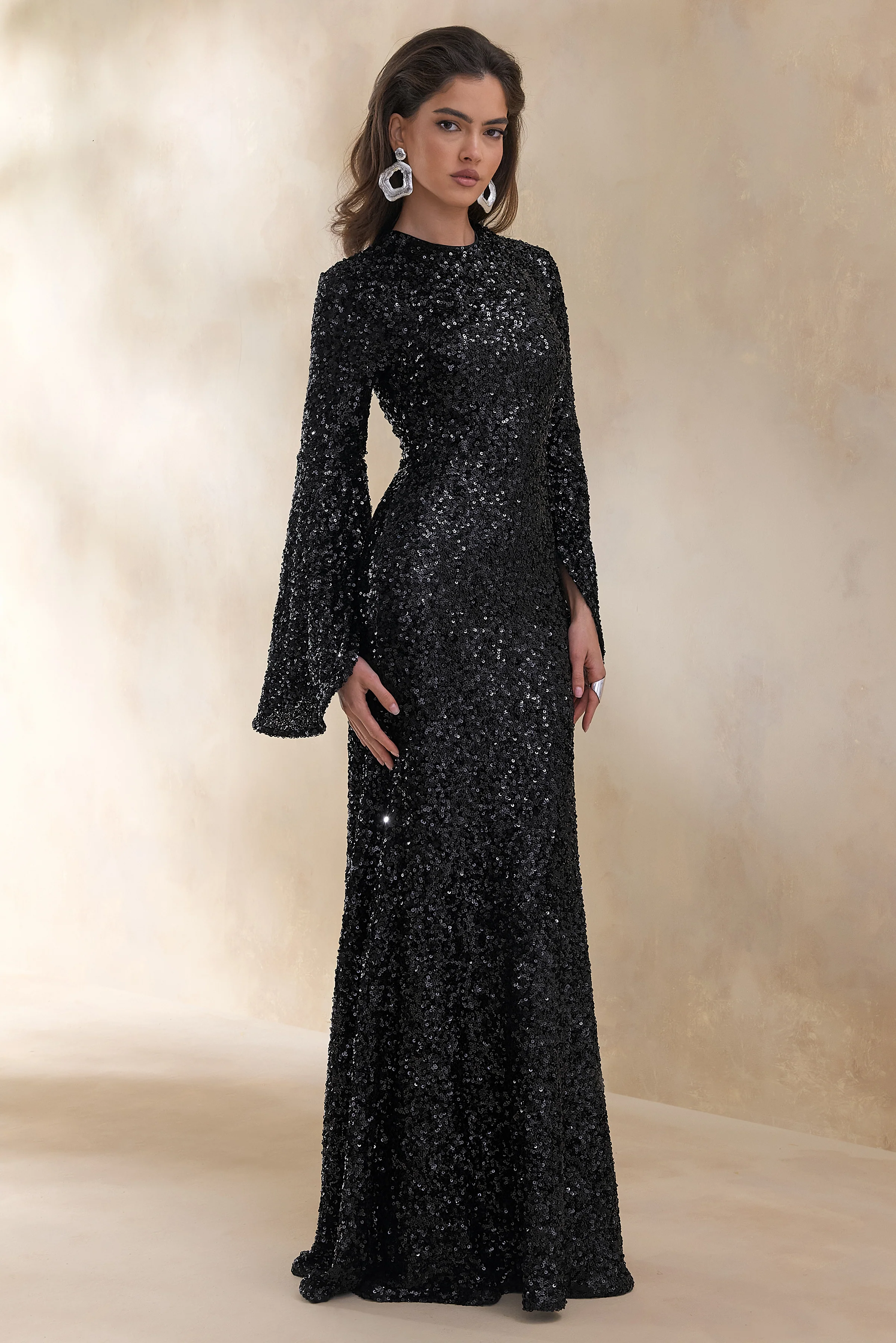 Romea | Black Sequin High-Neck Maxi Dress With Cape Sleeves - Image 4