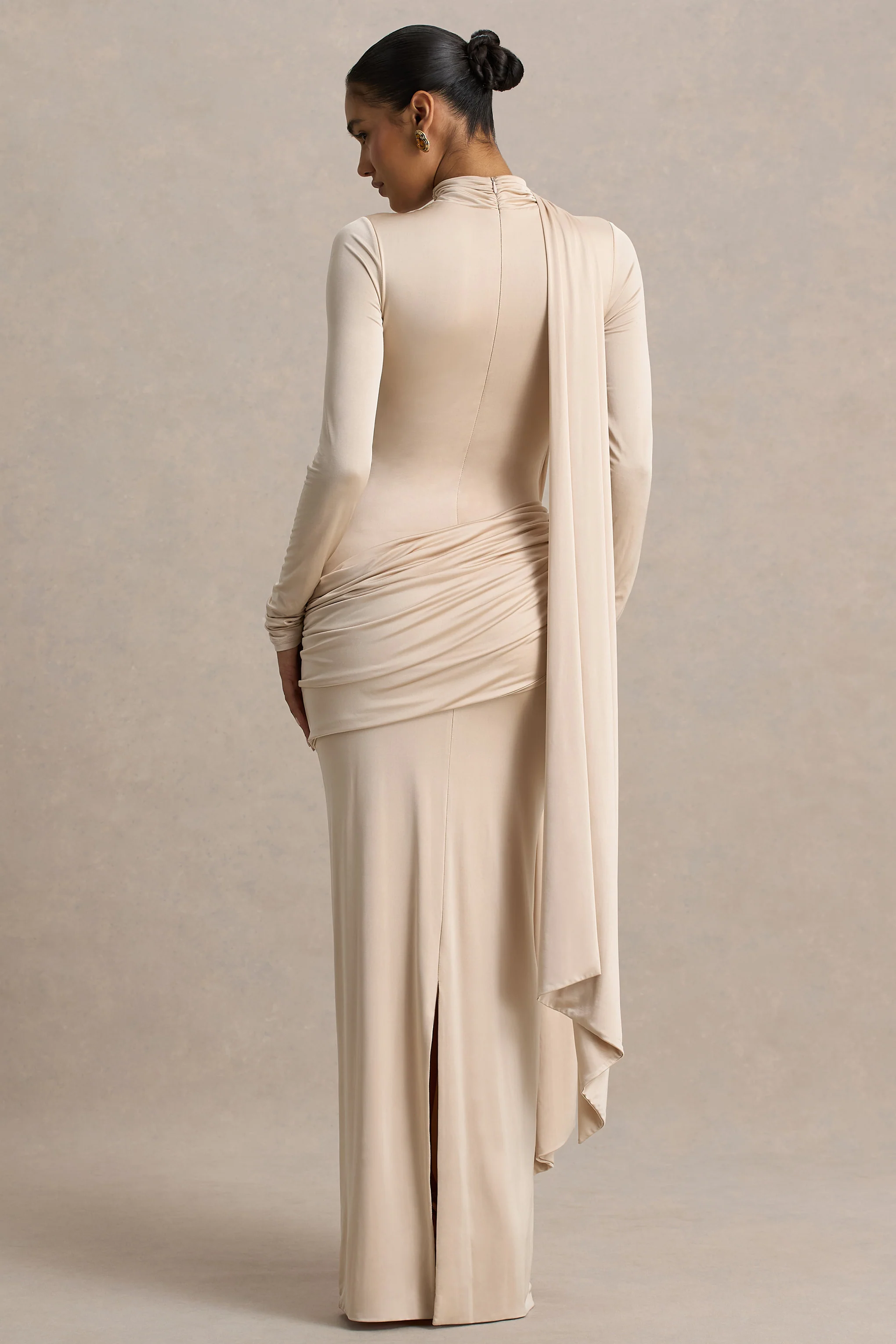 Romi | Champagne High-Neck Maxi Dress With Ruched Detailing - Image 2