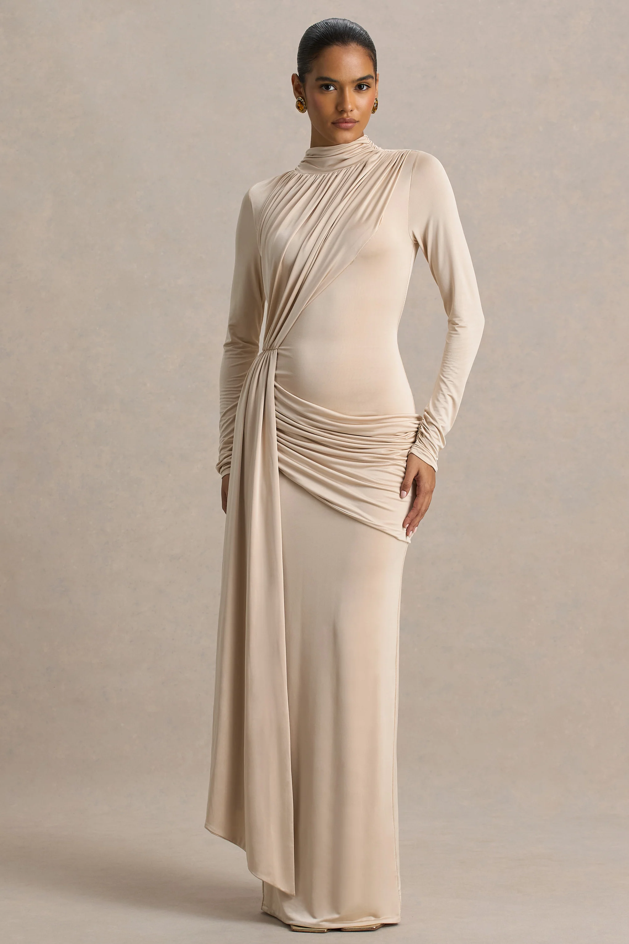 Romi | Champagne High-Neck Maxi Dress With Ruched Detailing - Image 4