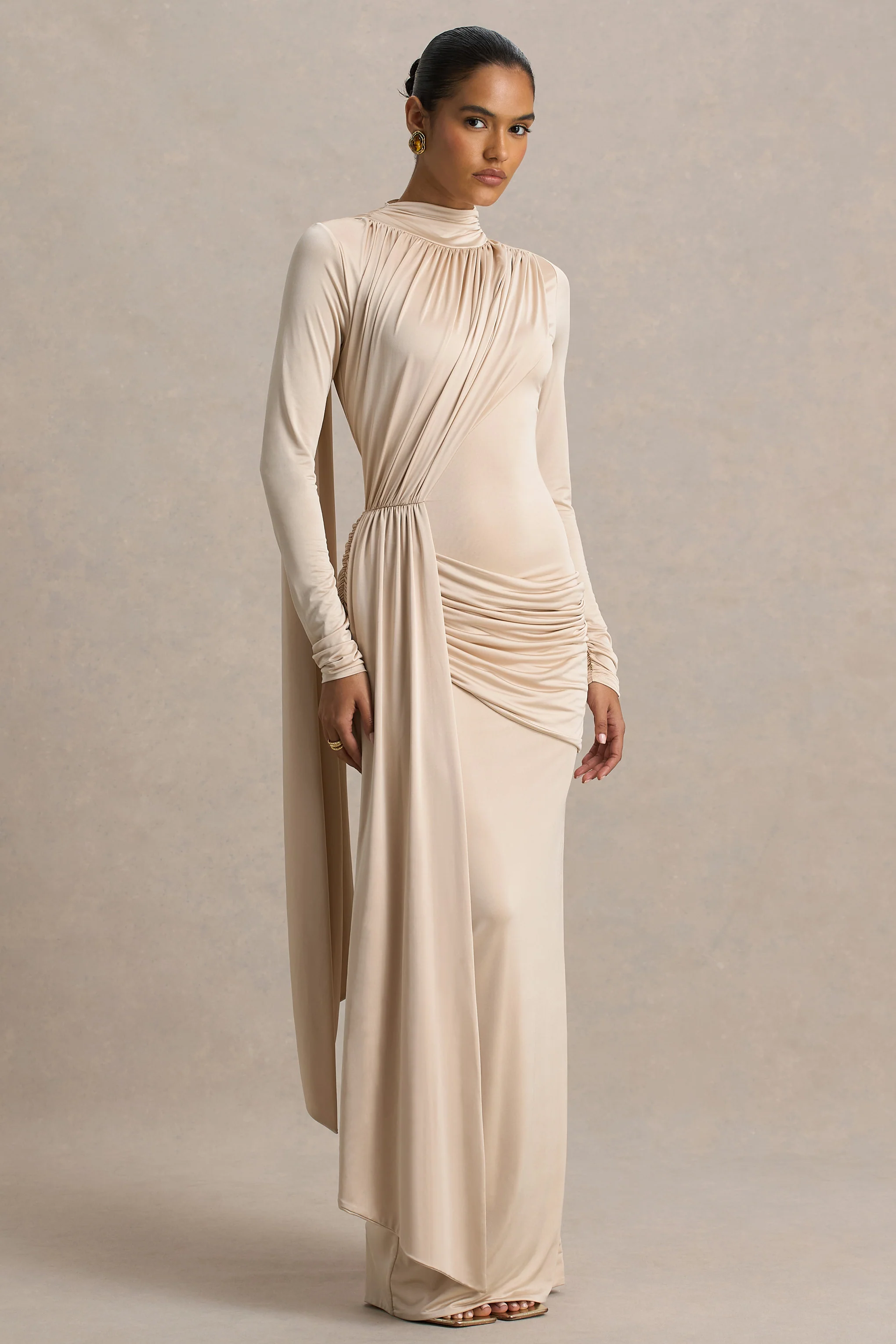 Romi | Champagne High-Neck Maxi Dress With Ruched Detailing - Image 5
