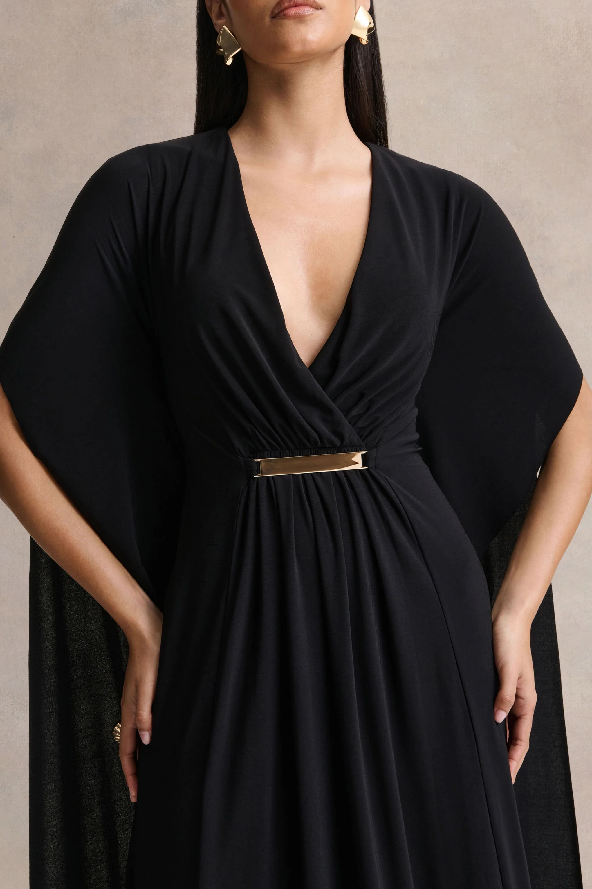Romilly | Black Plunge-Neck Maxi Dress With Gathered Detail - Image 3