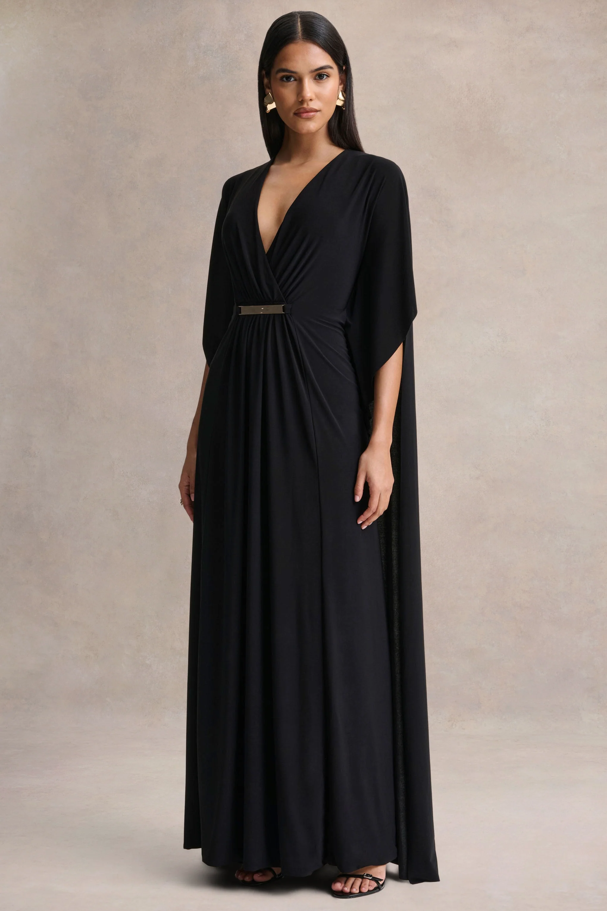 Romilly | Black Plunge-Neck Maxi Dress With Gathered Detail - Image 4
