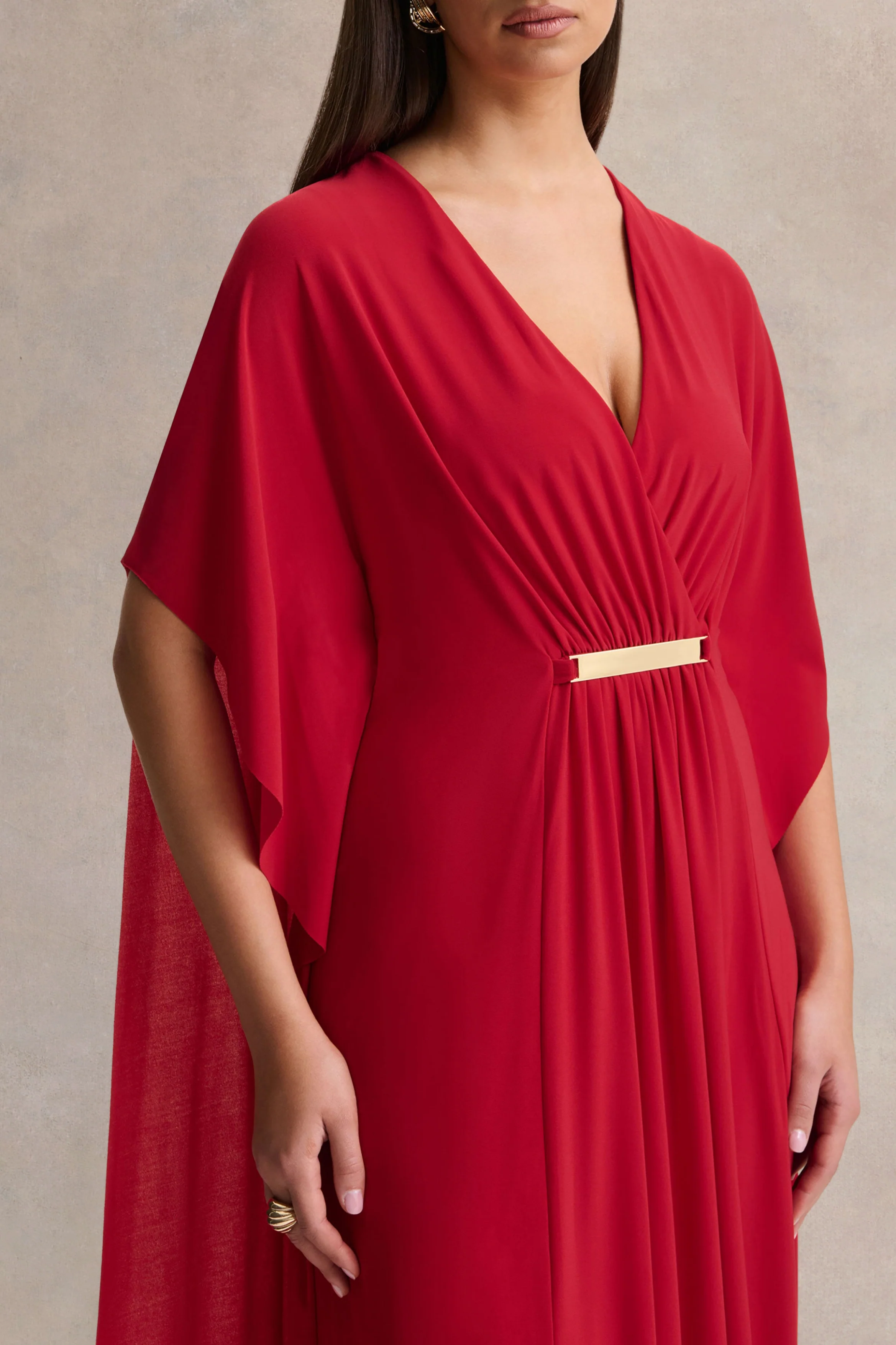 Romilly | Red Plunge-Neck Maxi Dress With Gathered Detail - Image 3