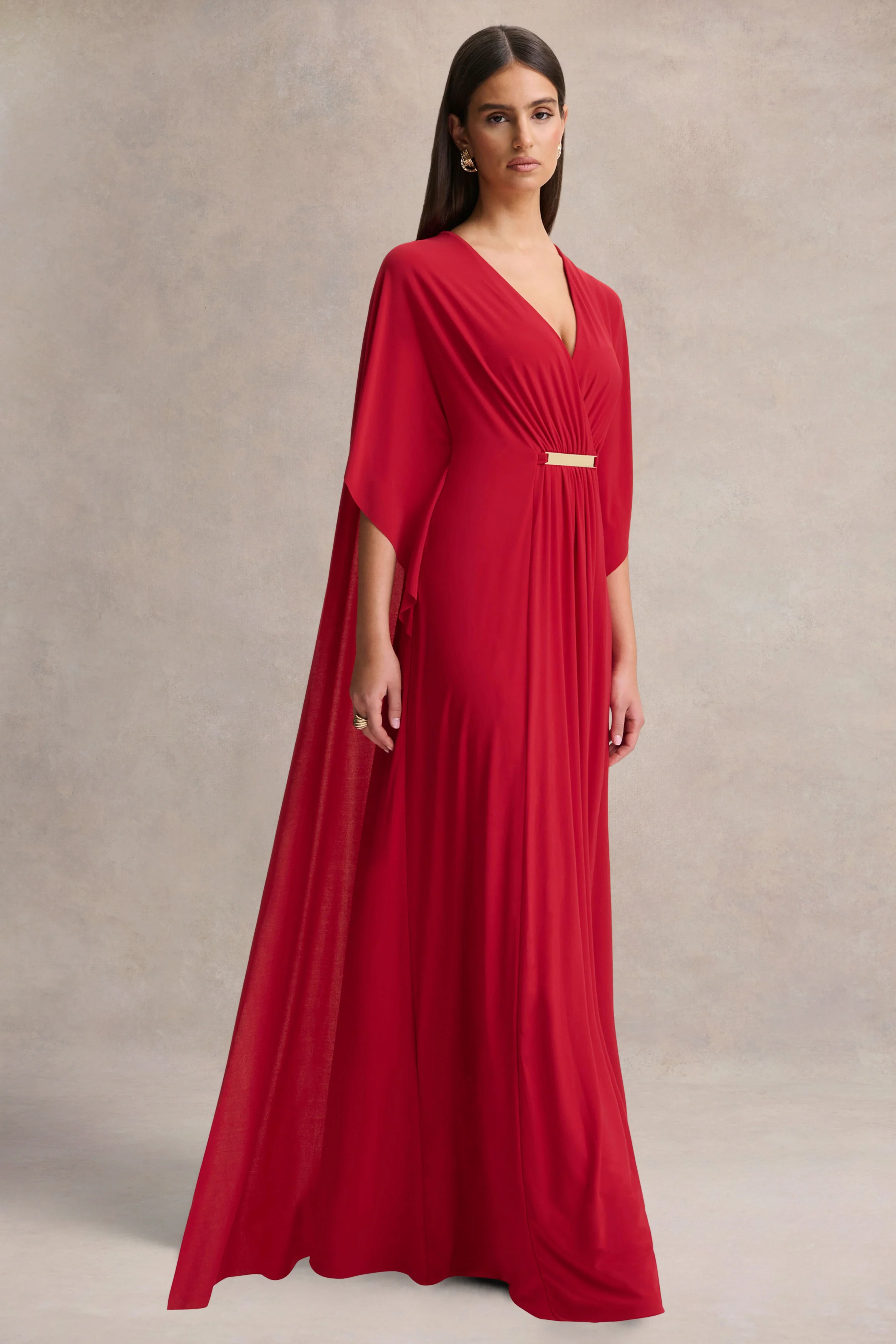 Romilly | Red Plunge-Neck Maxi Dress With Gathered Detail - Image 4