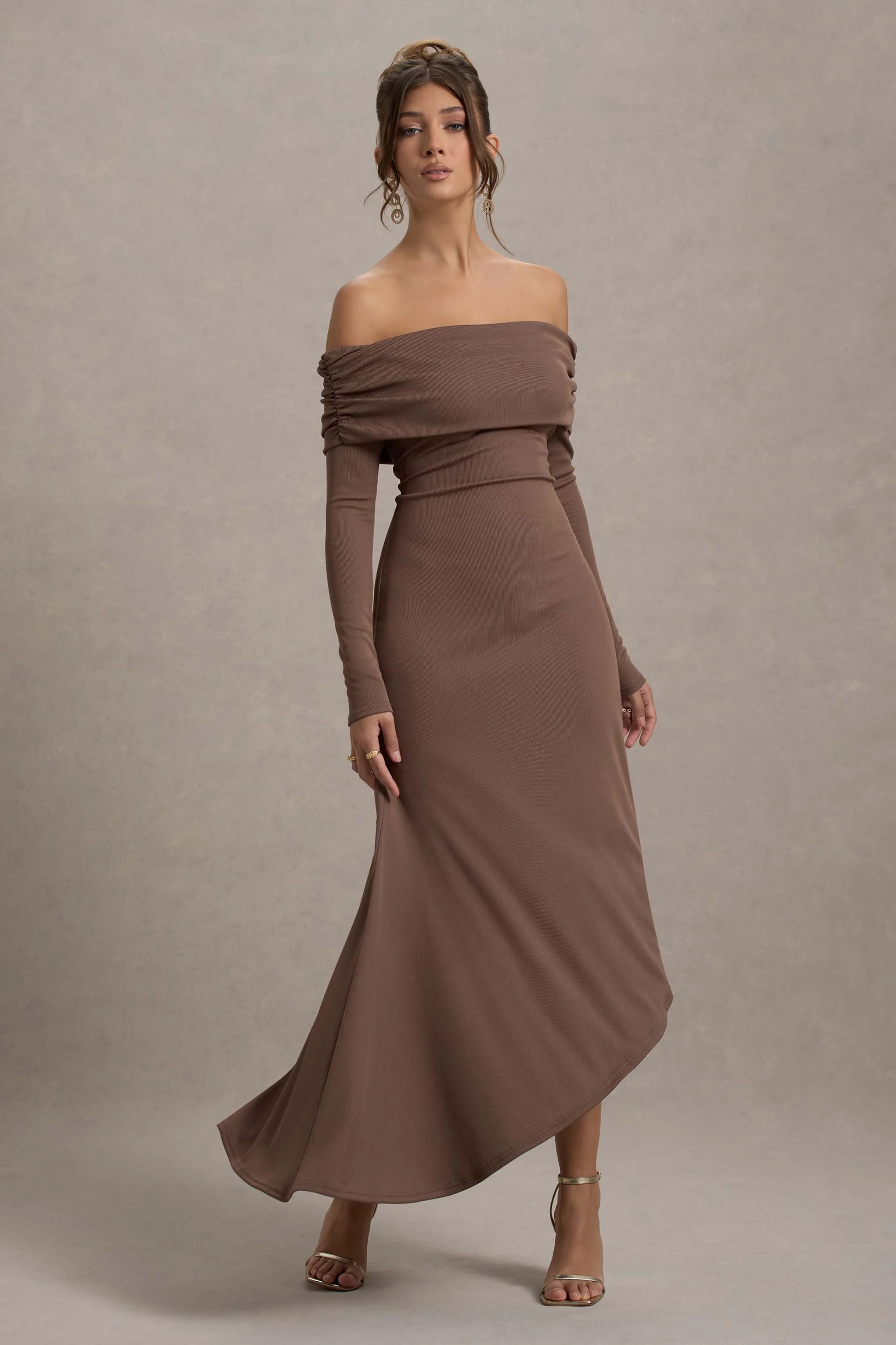 Romina | Mocha Rib Knit Bardot Maxi Dress With Asymmetric Hem - Image 4