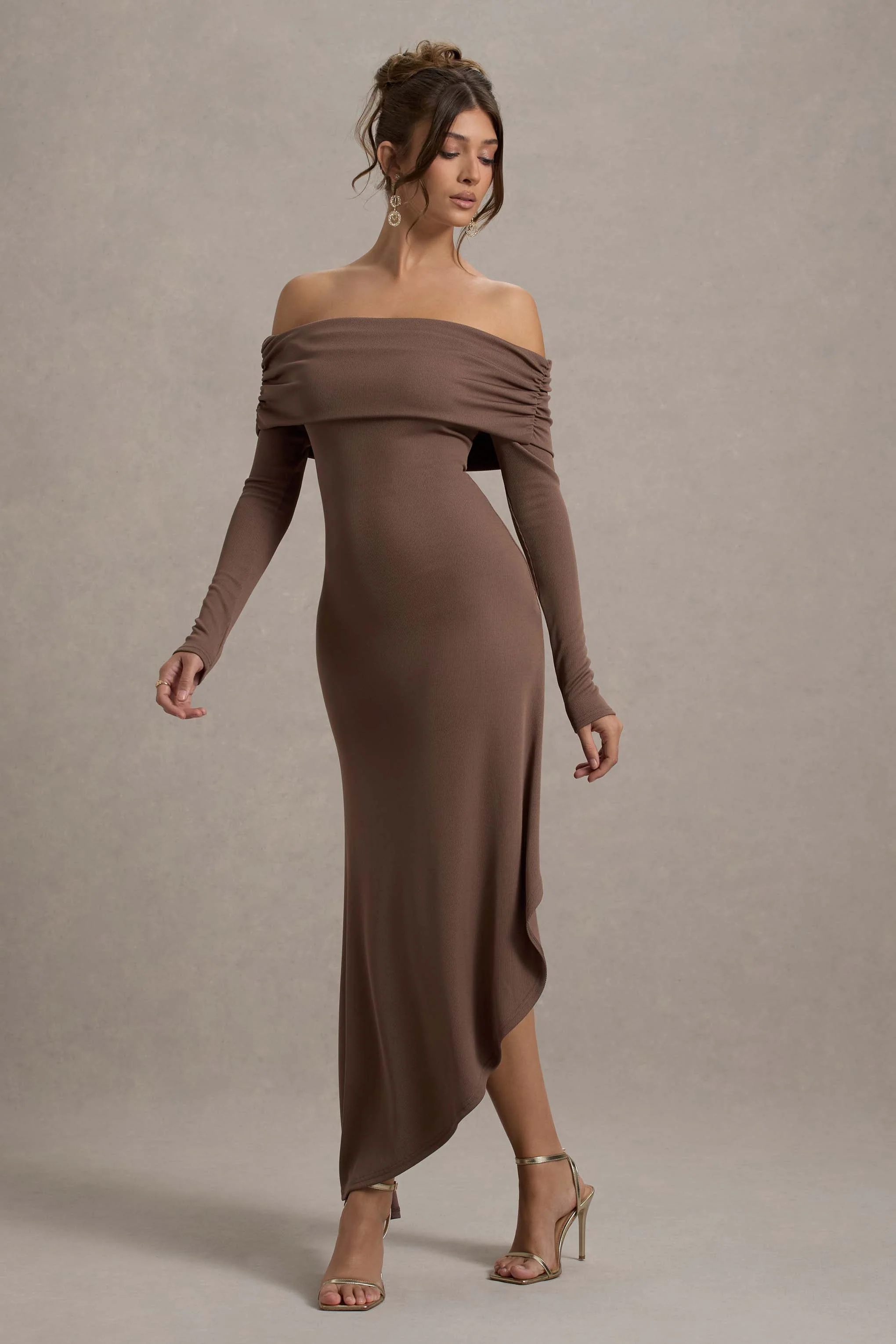 Romina | Mocha Rib Knit Bardot Maxi Dress With Asymmetric Hem - Image 5