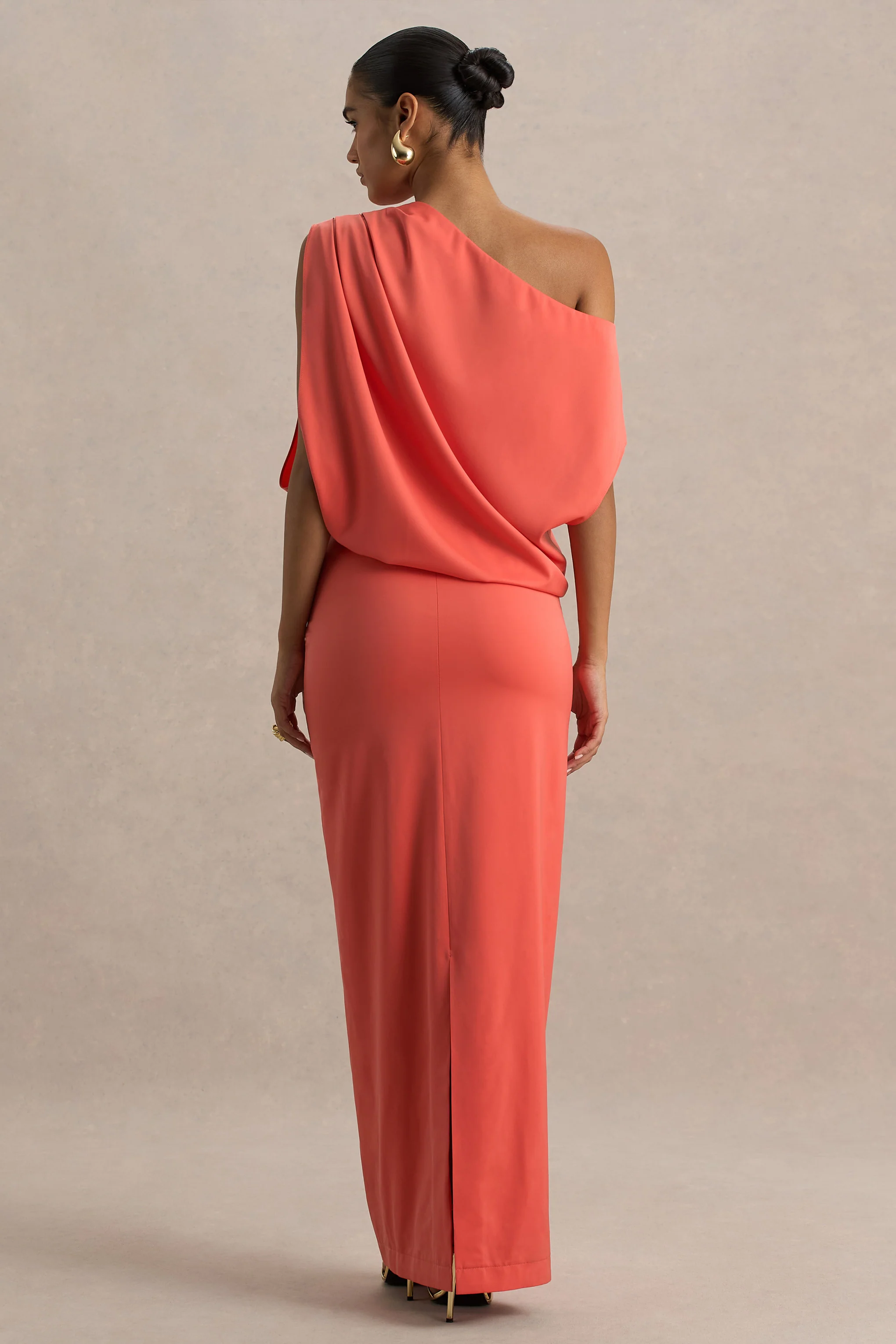 Ronnie | Coral Satin Asymmetric-Neck Maxi Dress With Draping Detail - Image 2