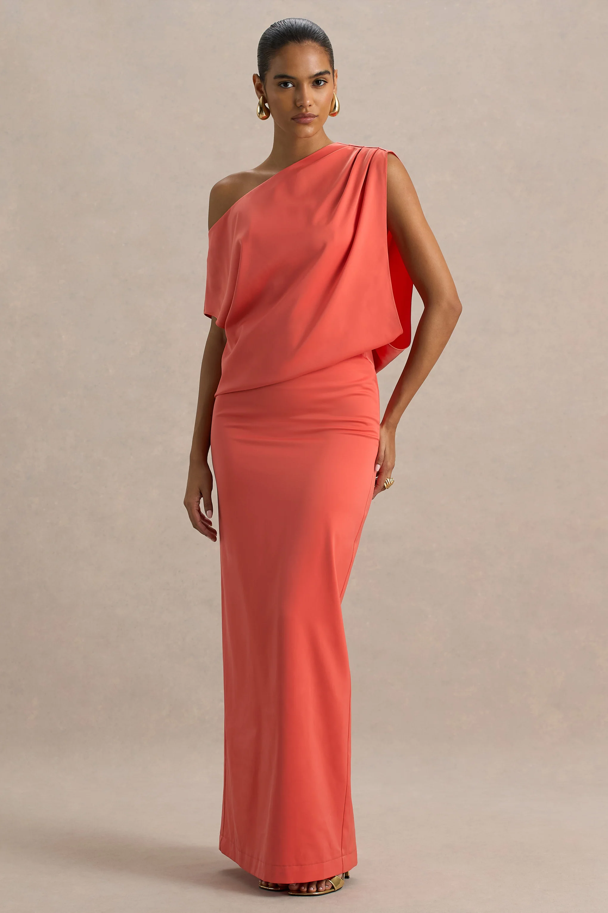 Ronnie | Coral Satin Asymmetric-Neck Maxi Dress With Draping Detail - Image 3