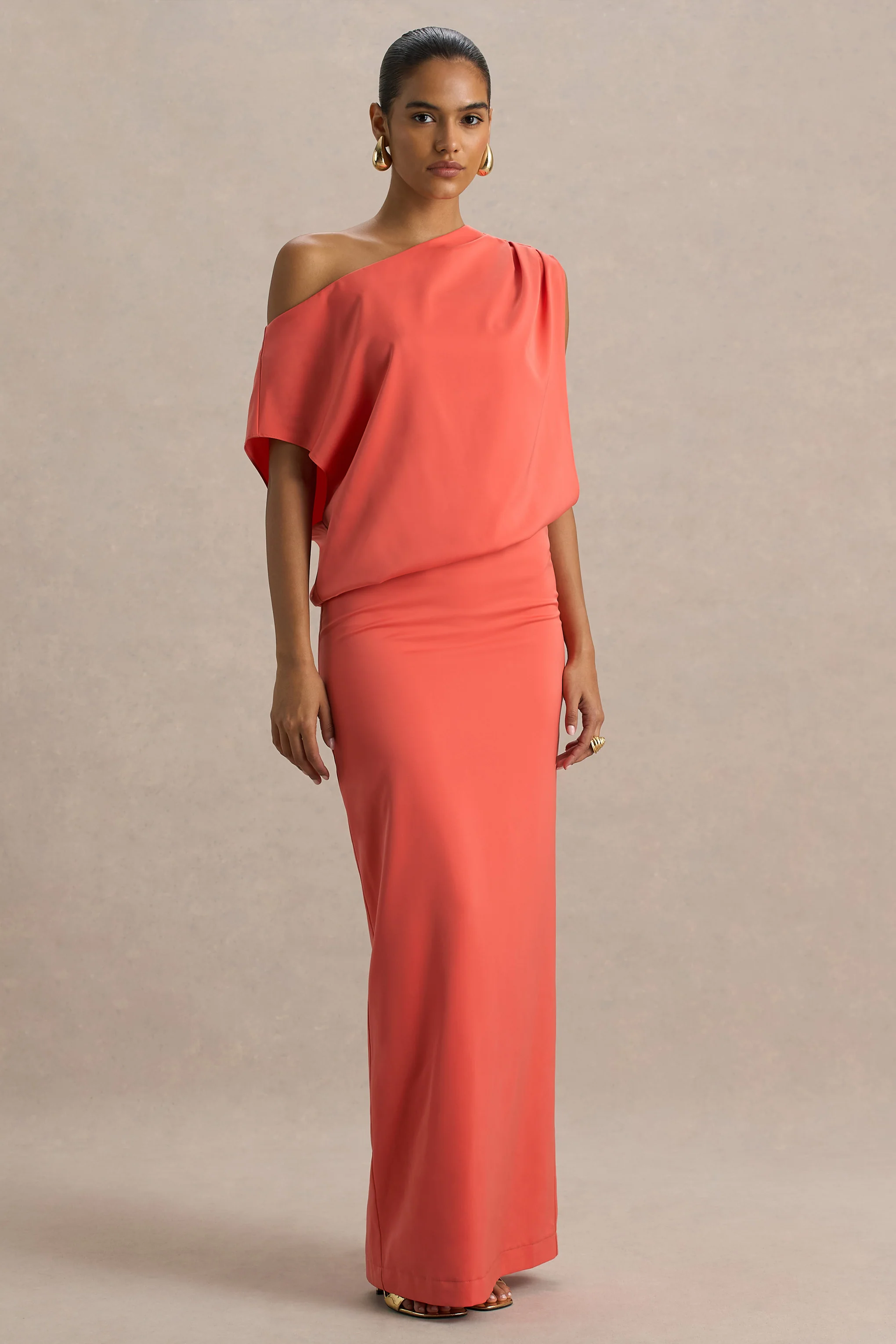 Ronnie | Coral Satin Asymmetric-Neck Maxi Dress With Draping Detail - Image 5
