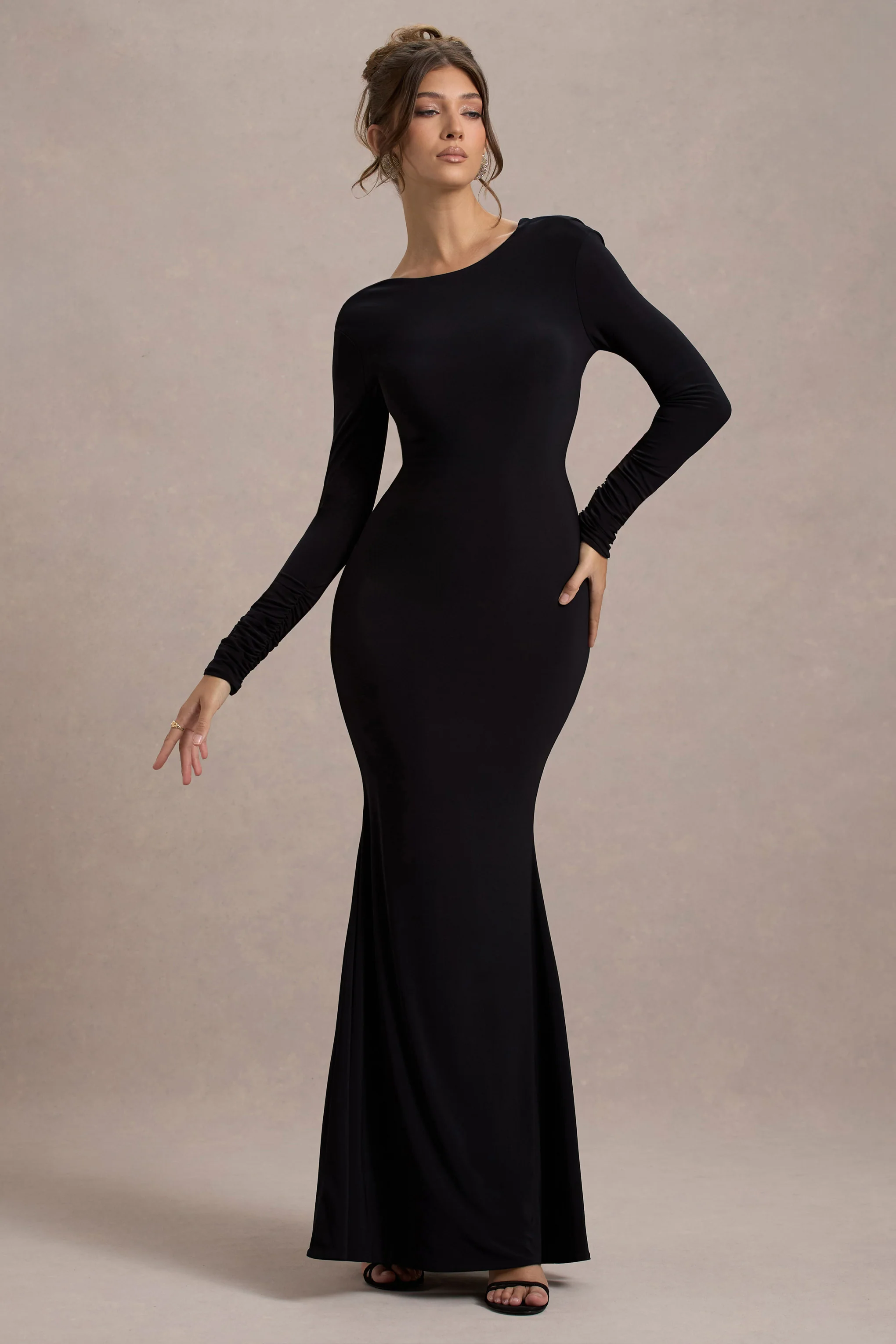 Rosalee | Black Long-Sleeve Cowl-Back Maxi Dress With Bows - Image 2