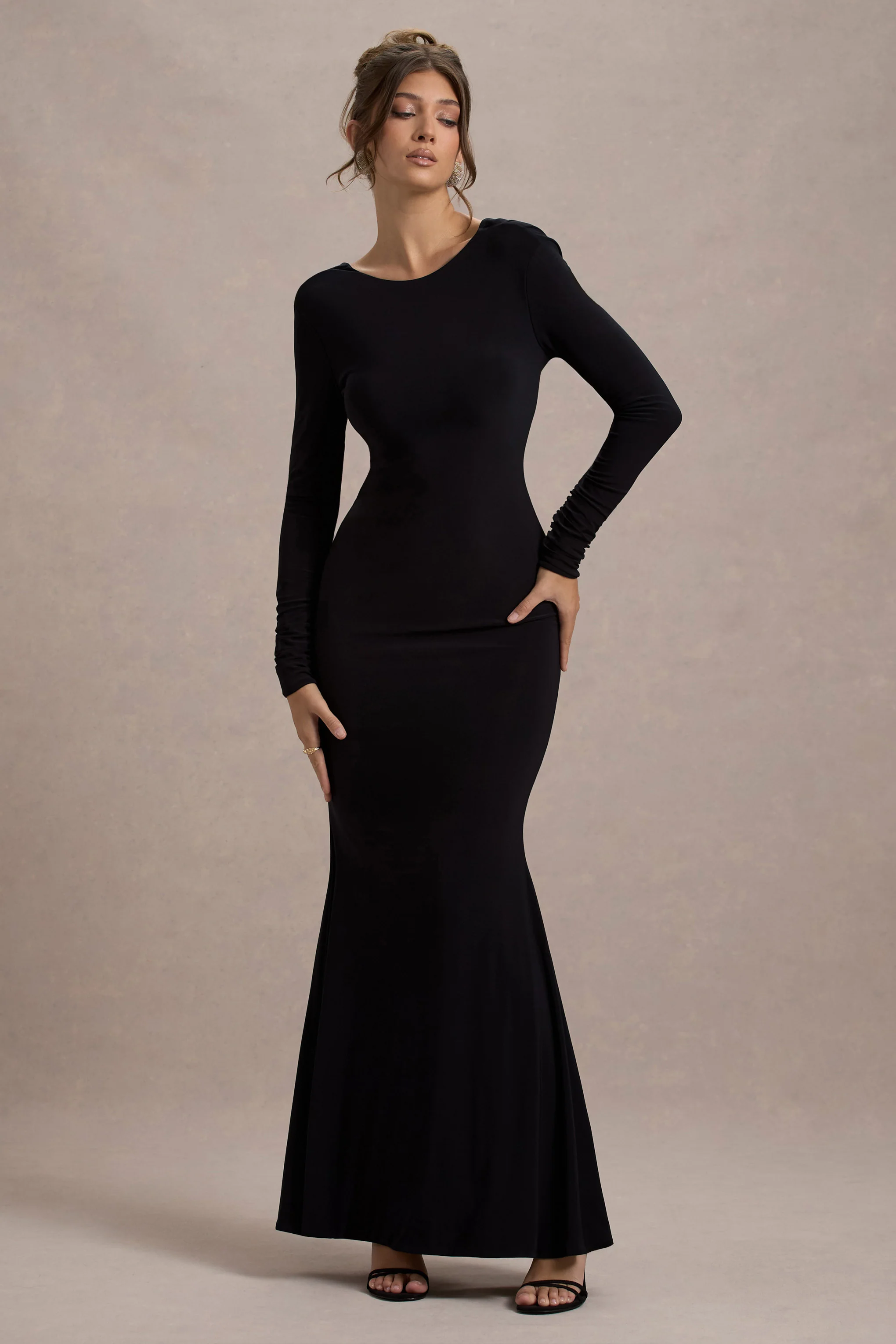 Rosalee | Black Long-Sleeve Cowl-Back Maxi Dress With Bows - Image 6