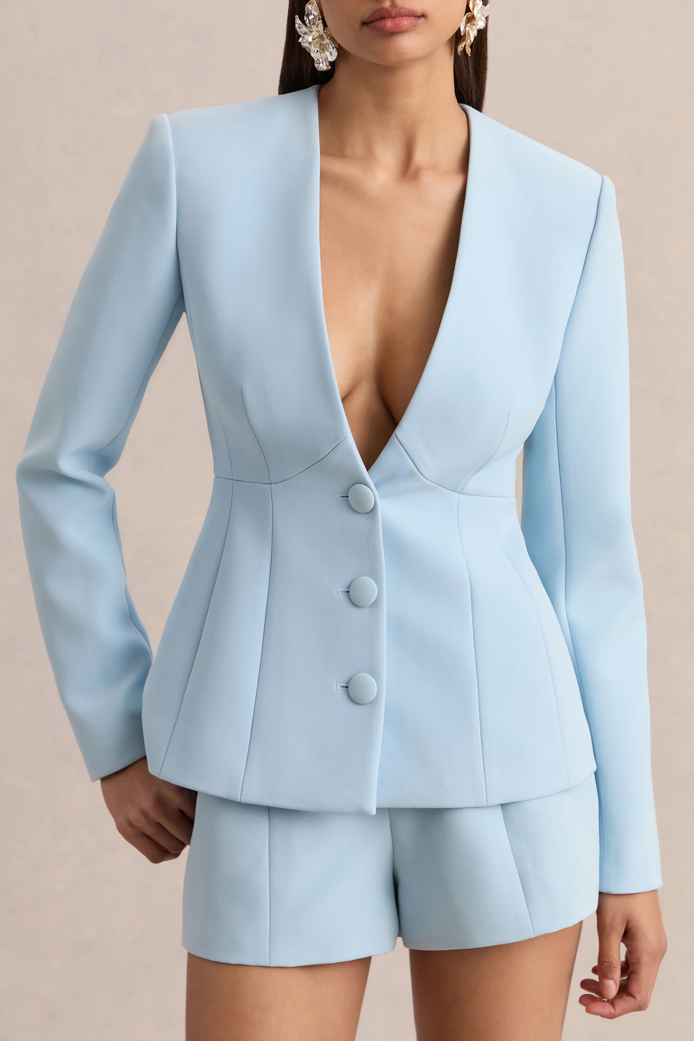 Rosalina | Light Blue Extreme-Plunge Neck Tailored Blazer - Image 3