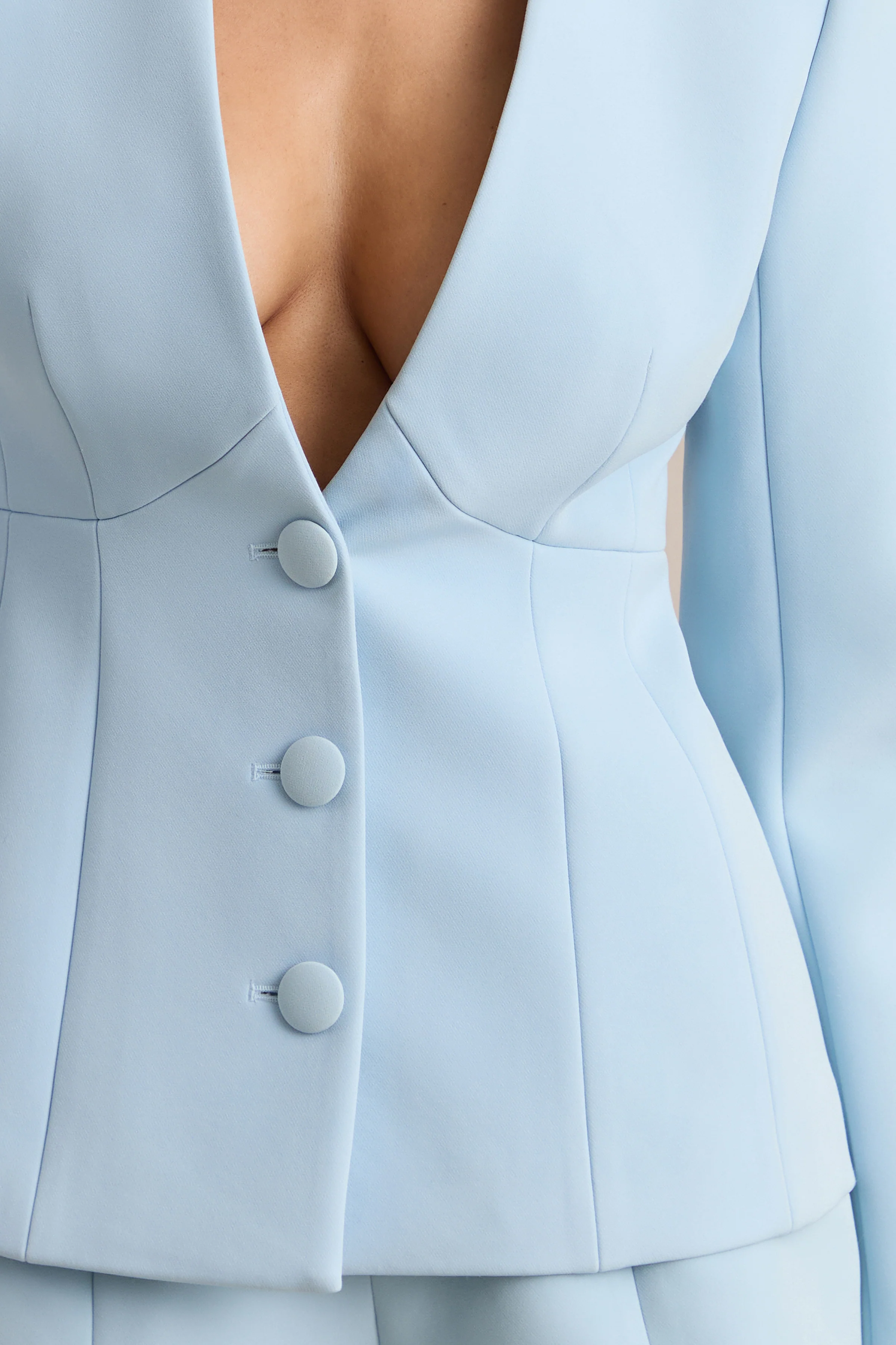 Rosalina | Light Blue Extreme-Plunge Neck Tailored Blazer - Image 4
