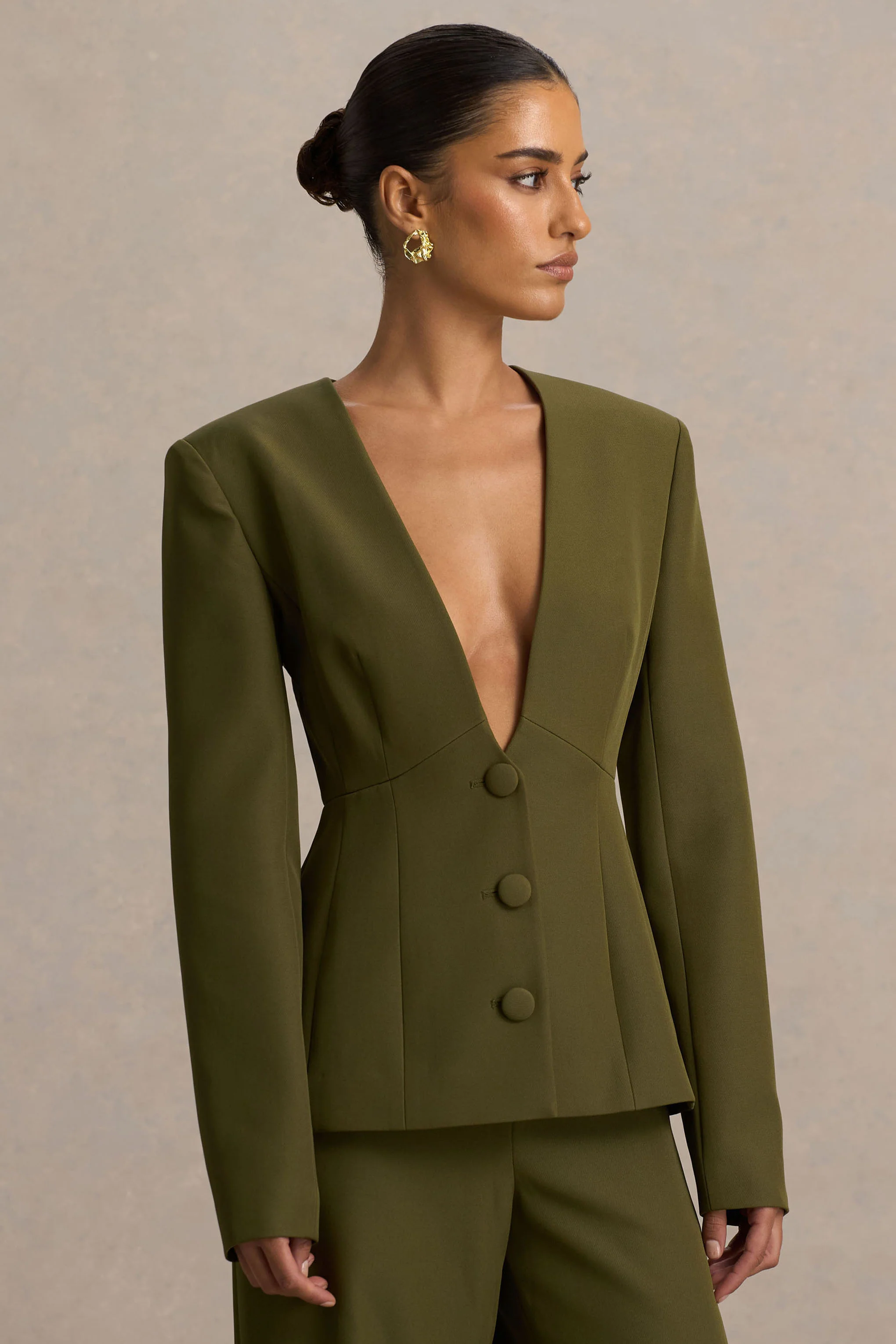 Rosalina | Olive Extreme-Plunge Neck Tailored Blazer - Image 4