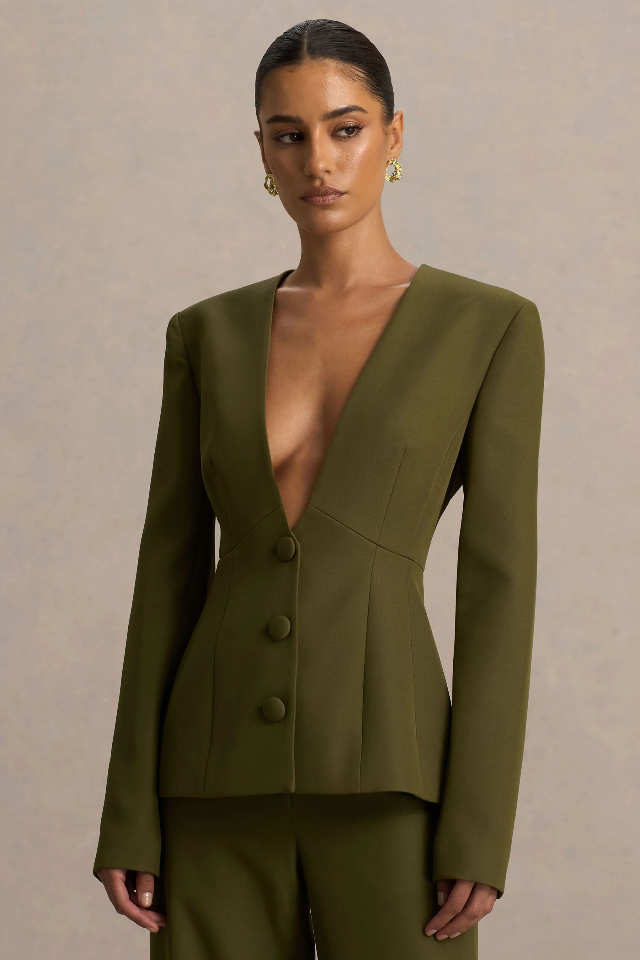 Rosalina | Olive Extreme-Plunge Neck Tailored Blazer - Image 5