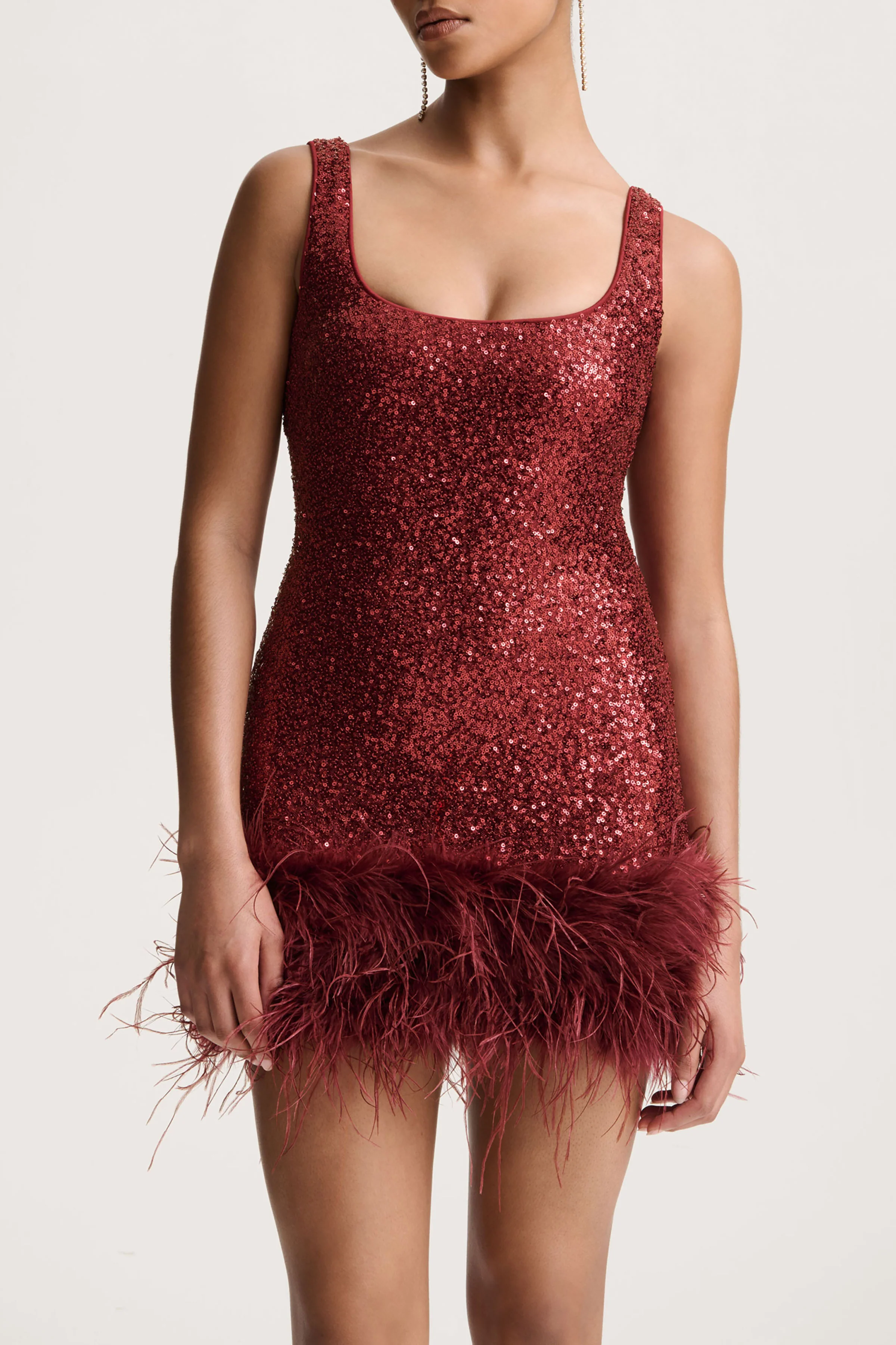 Rosalinda | Burgundy Sequin Square-Neck Mini Dress With Feather Trim - Image 3
