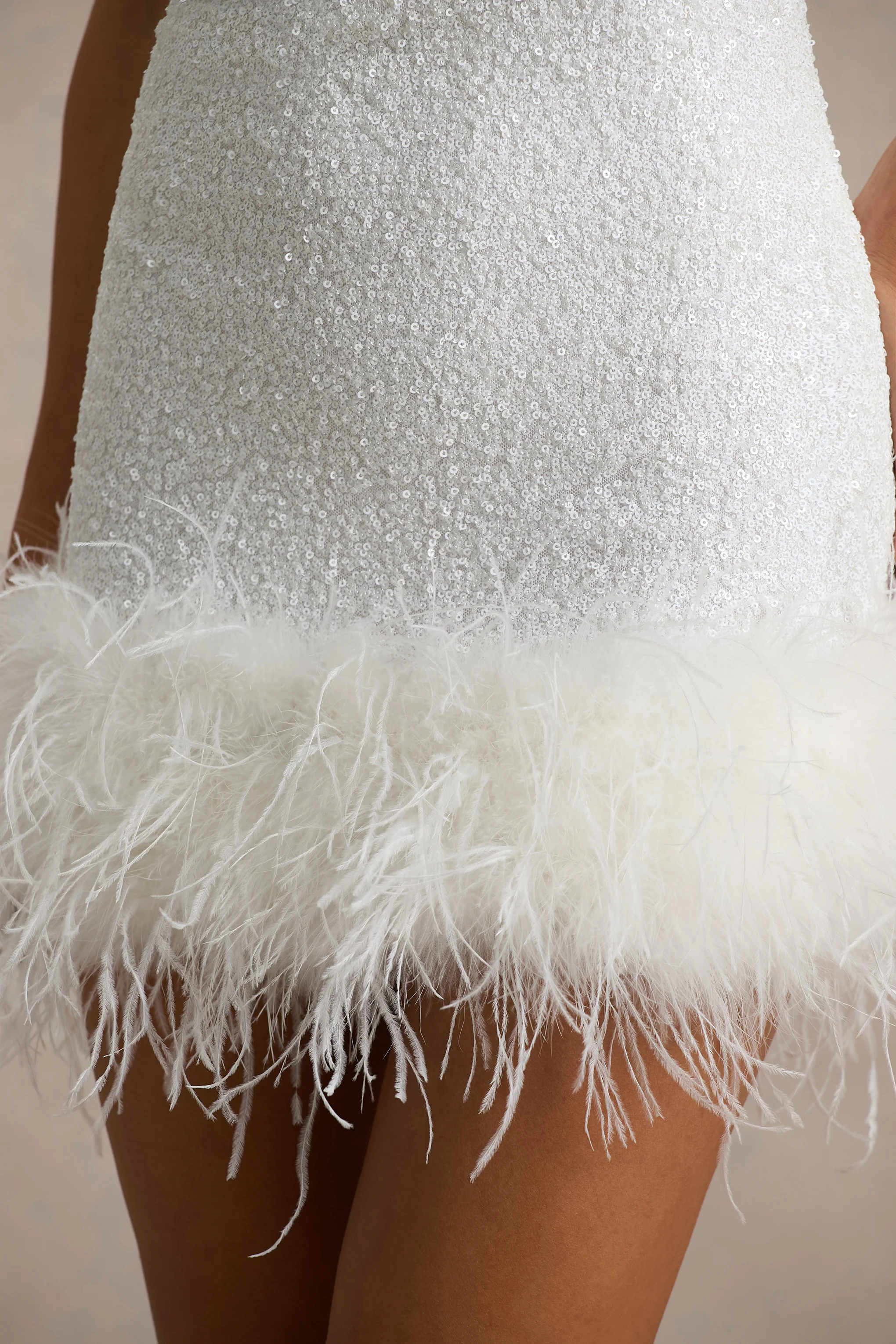 Rosalinda | White Sequin Square-Neck Mini Dress With Feather Trim - Image 6