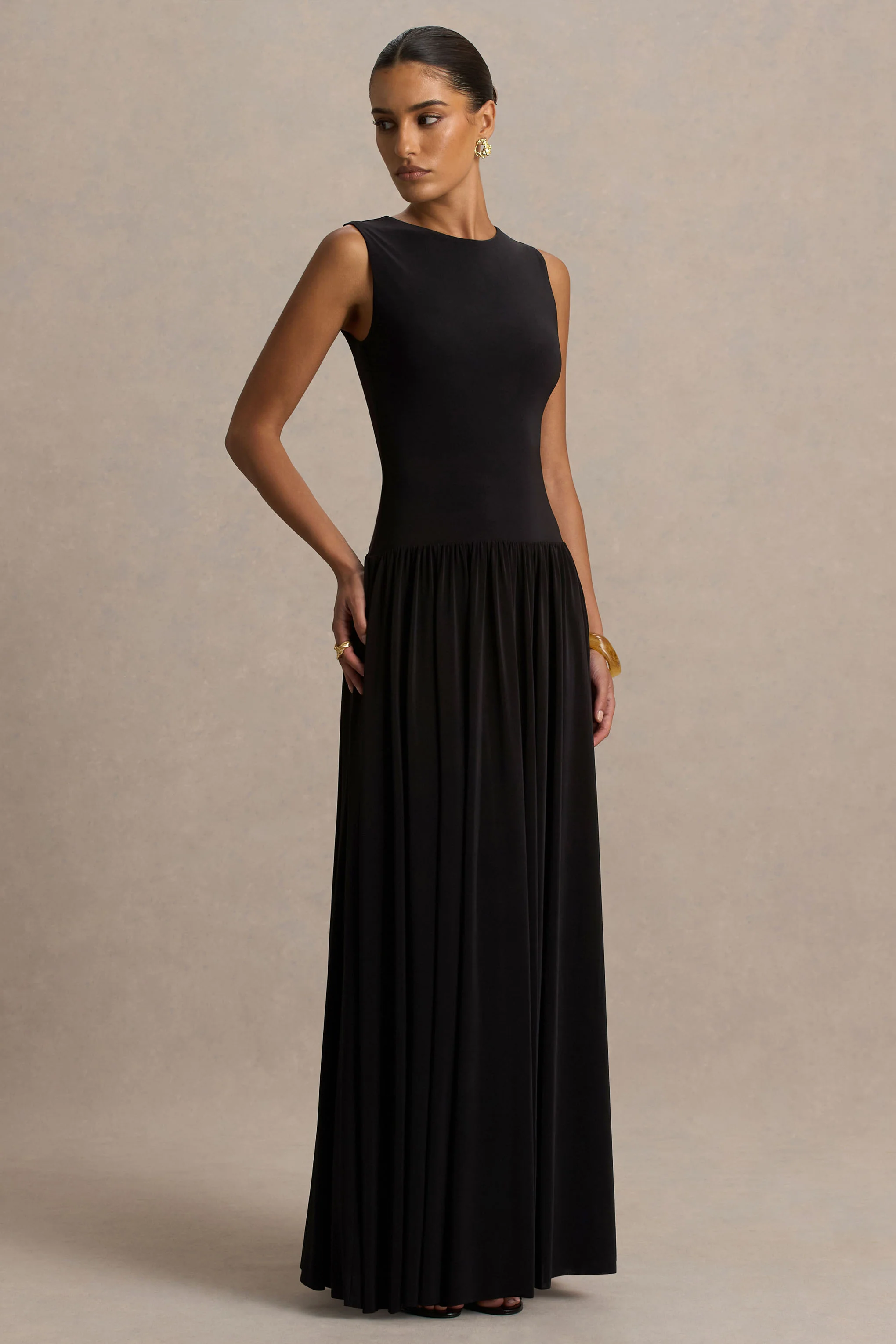 Rosalita | Black Crew-Neck Maxi Dress With Drop-Waist - Image 3