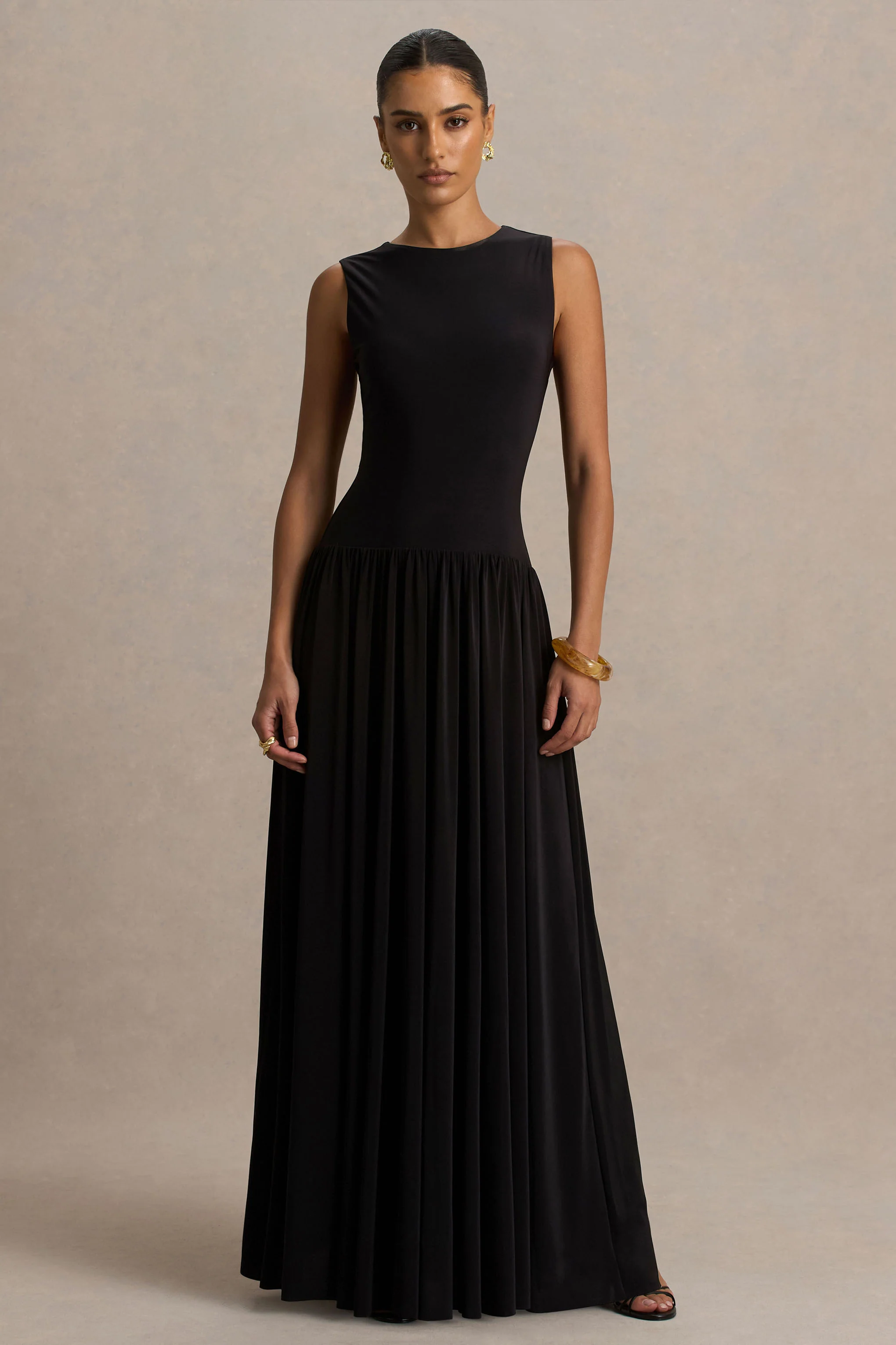 Rosalita | Black Crew-Neck Maxi Dress With Drop-Waist - Image 5