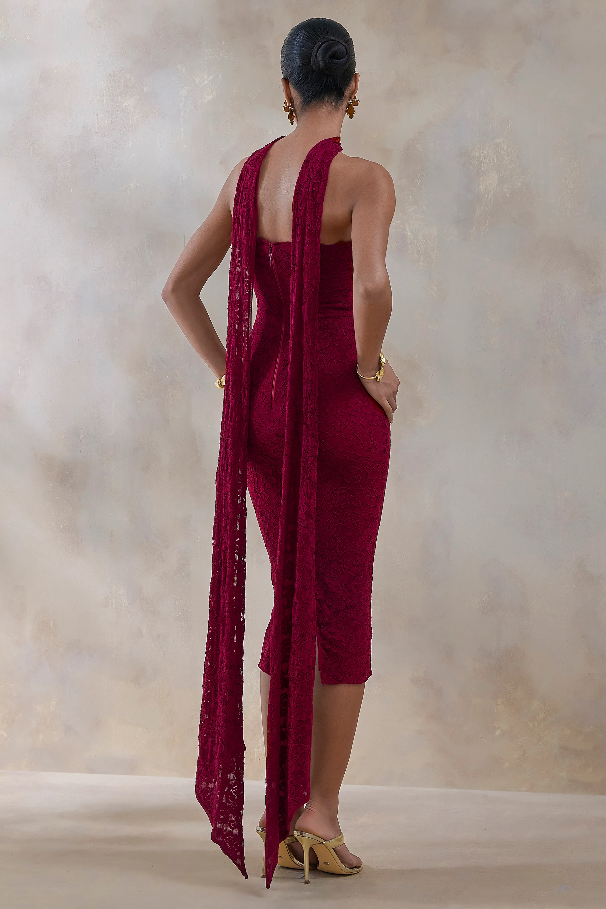 Rosaria | Burgundy Lace Bandeau Midi Dress With Scarf-Detail - Image 2