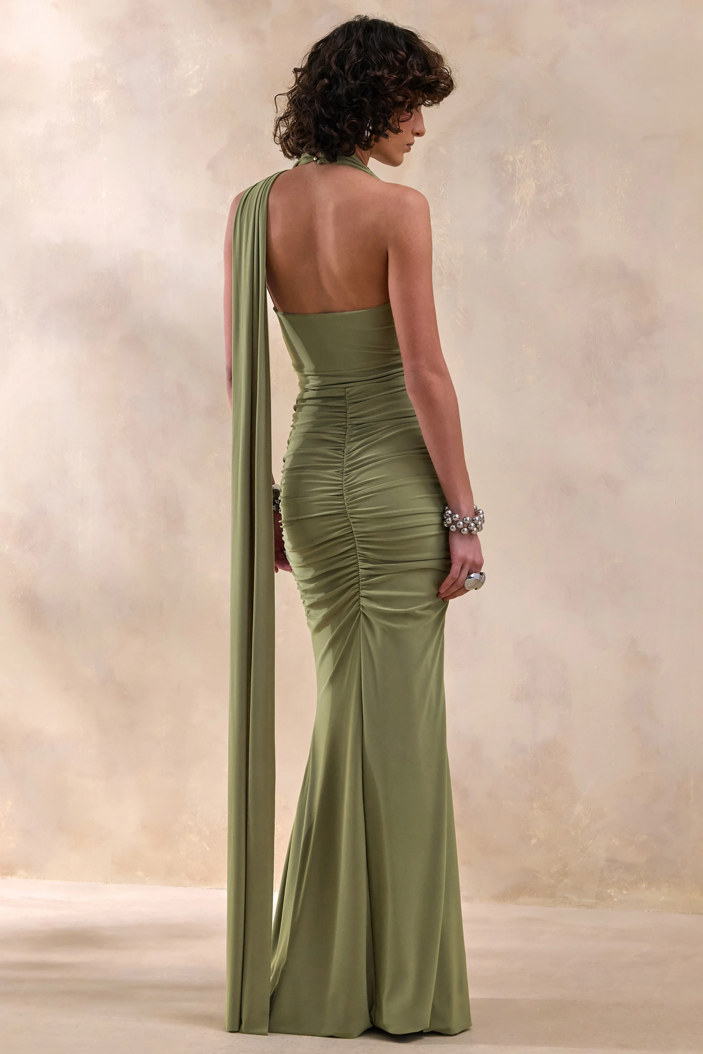 Roselani | Olive Halter-Neck Maxi Dress With Open-Back - Image 2