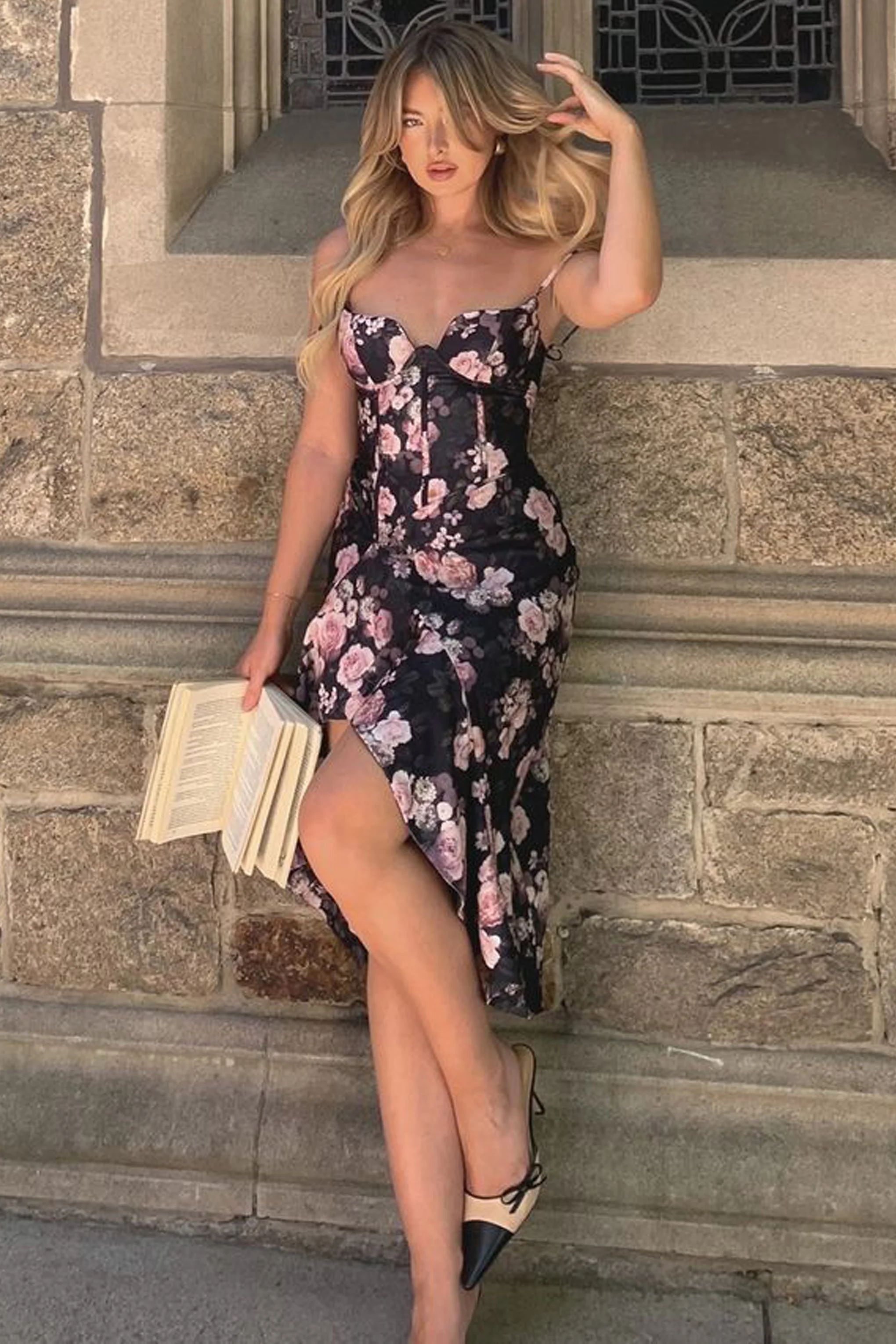 Roses | Black Floral Corset Ruffled Midi Dress - Image 8