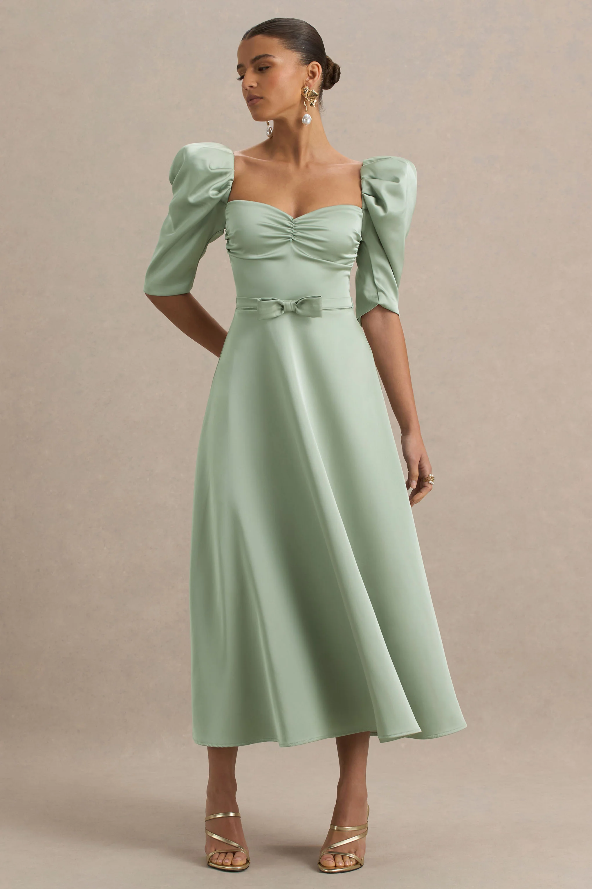 Rosey | Green Satin Sweetheart Midi Dress - Image 5
