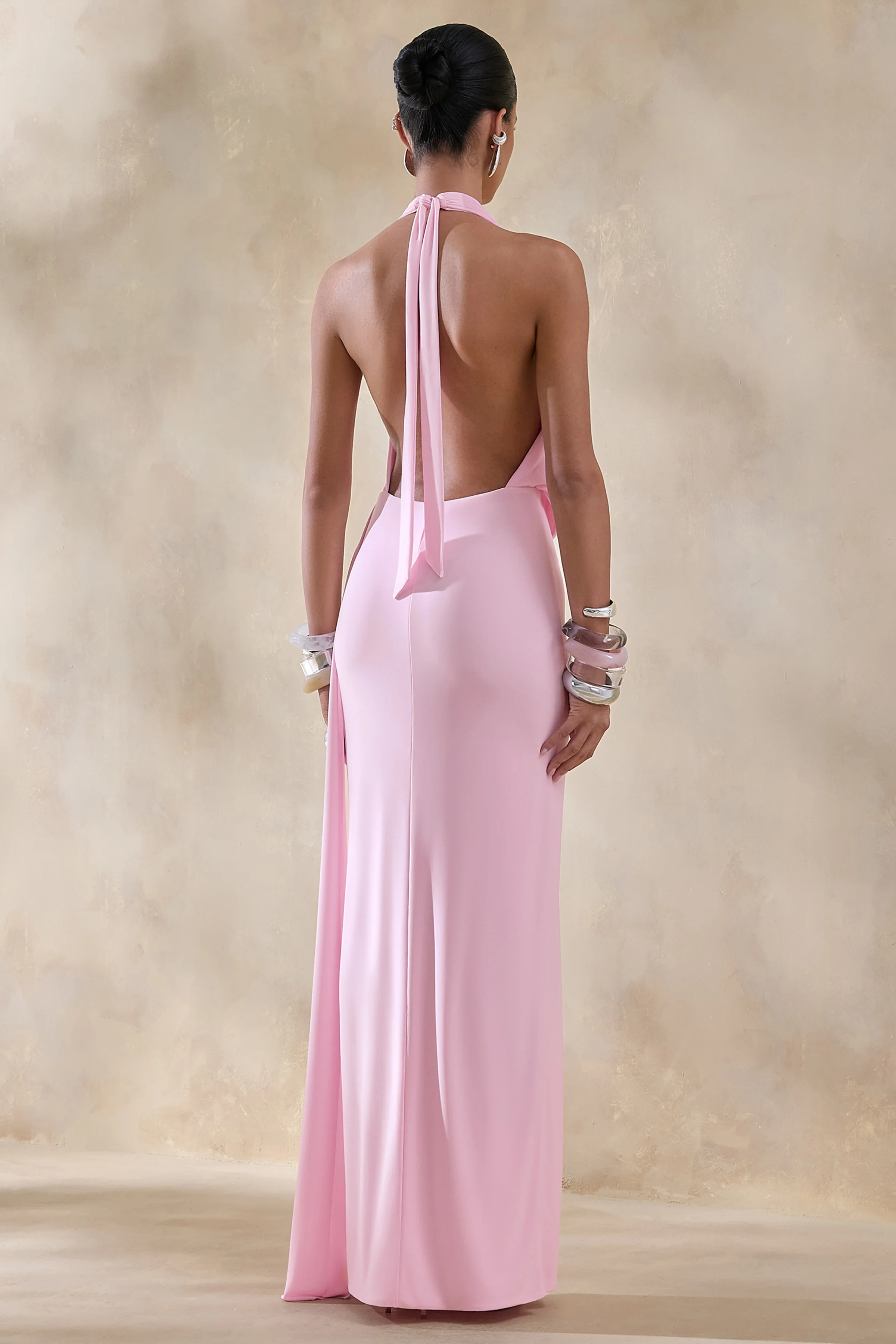 Rosina | Pink Halter-Neck Draped Maxi Dress With Sash - Image 2