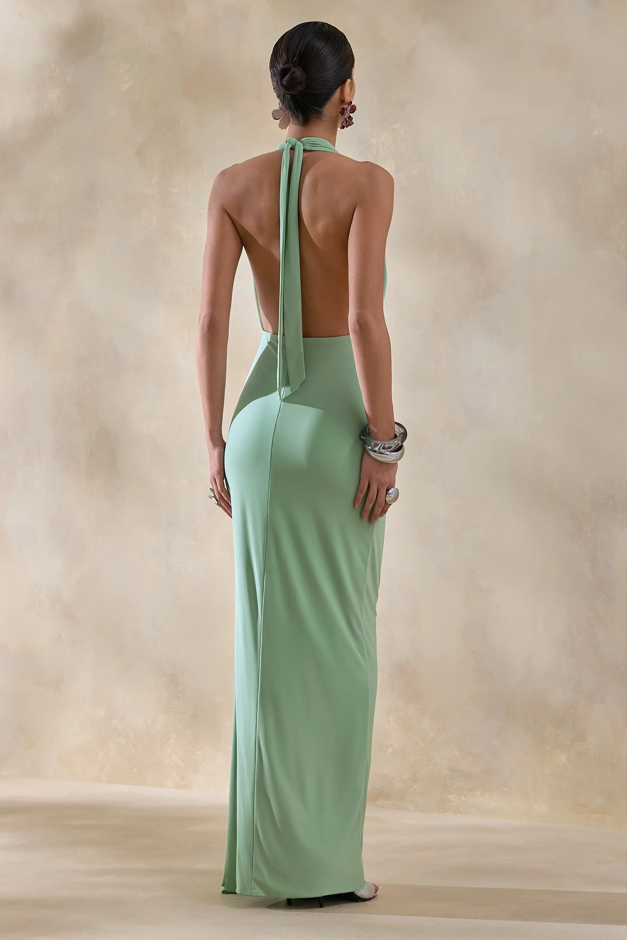 Rosina | Sage Halter-Neck Draped Maxi Dress With Sash - Image 2