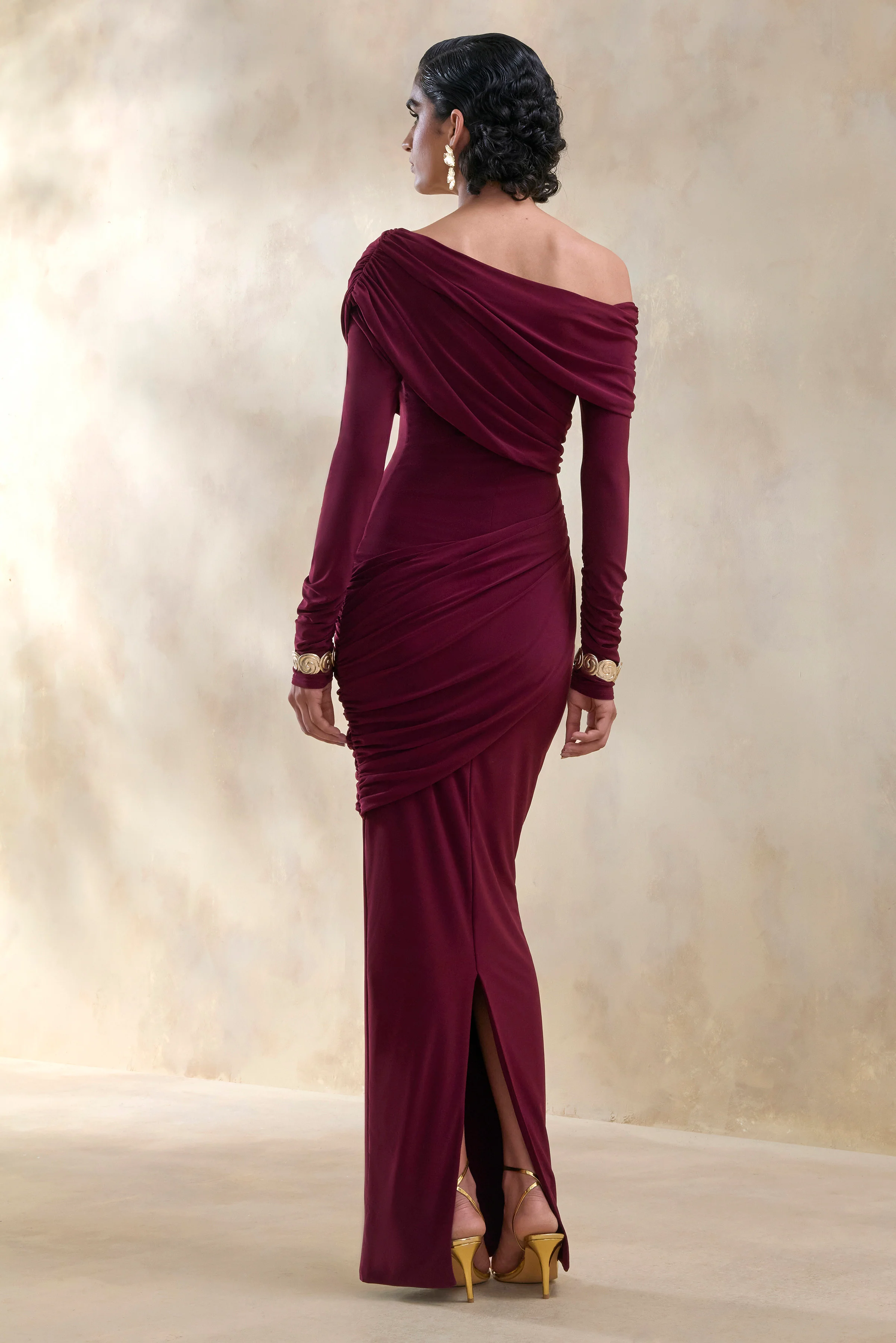 Rosirene | Burgundy Asymmetric-Neck Maxi Dress With Draped-Detailing - Image 2