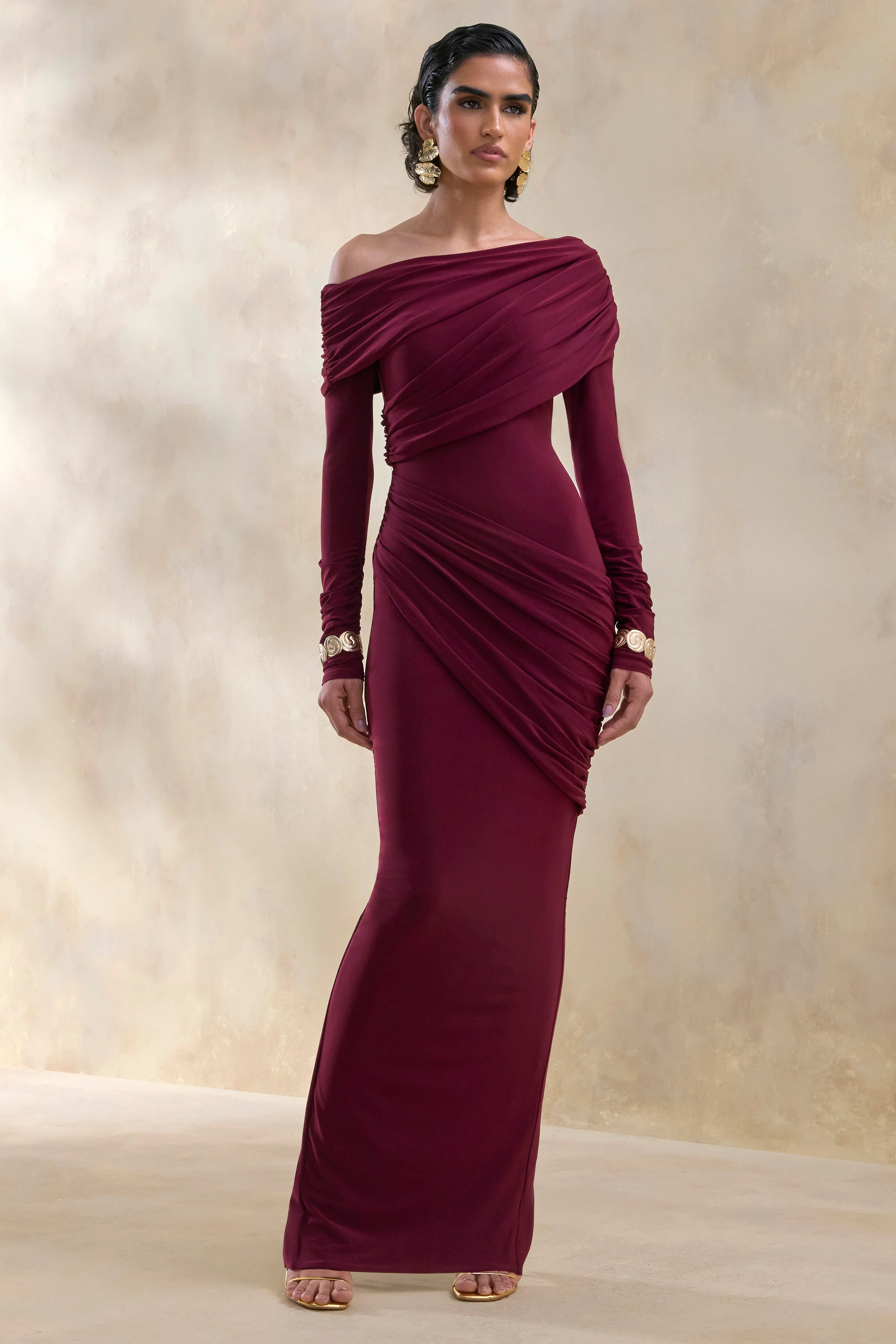 Rosirene | Burgundy Asymmetric-Neck Maxi Dress With Draped-Detailing - Image 4