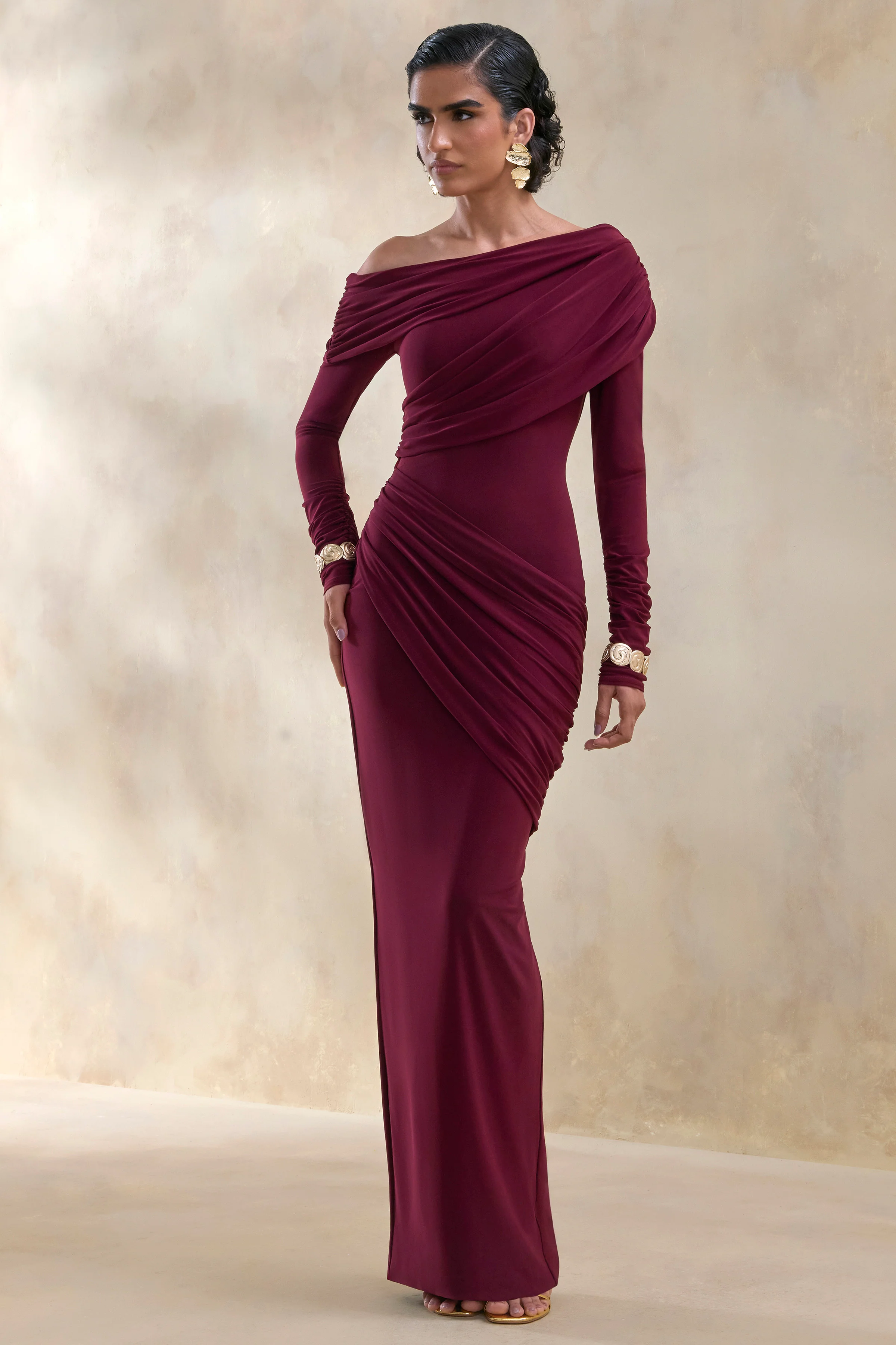 Rosirene | Burgundy Asymmetric-Neck Maxi Dress With Draped-Detailing - Image 5