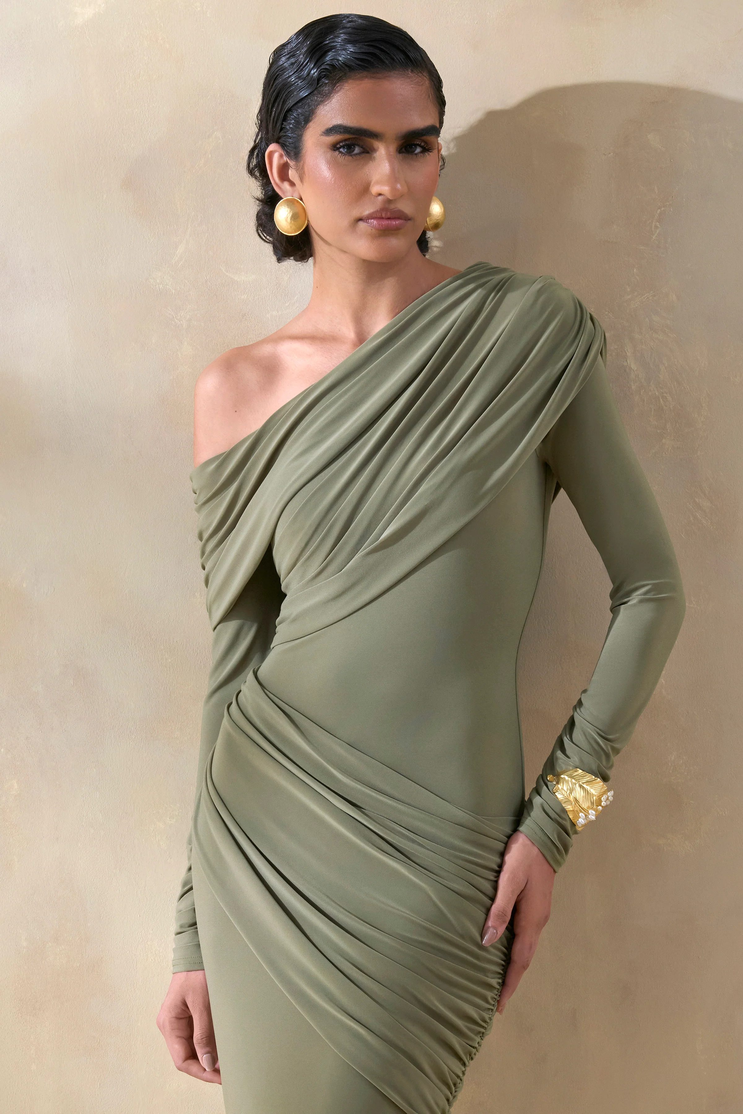 Rosirene | Olive Asymmetric-Neck Maxi Dress With Draped-Detailing - Image 3