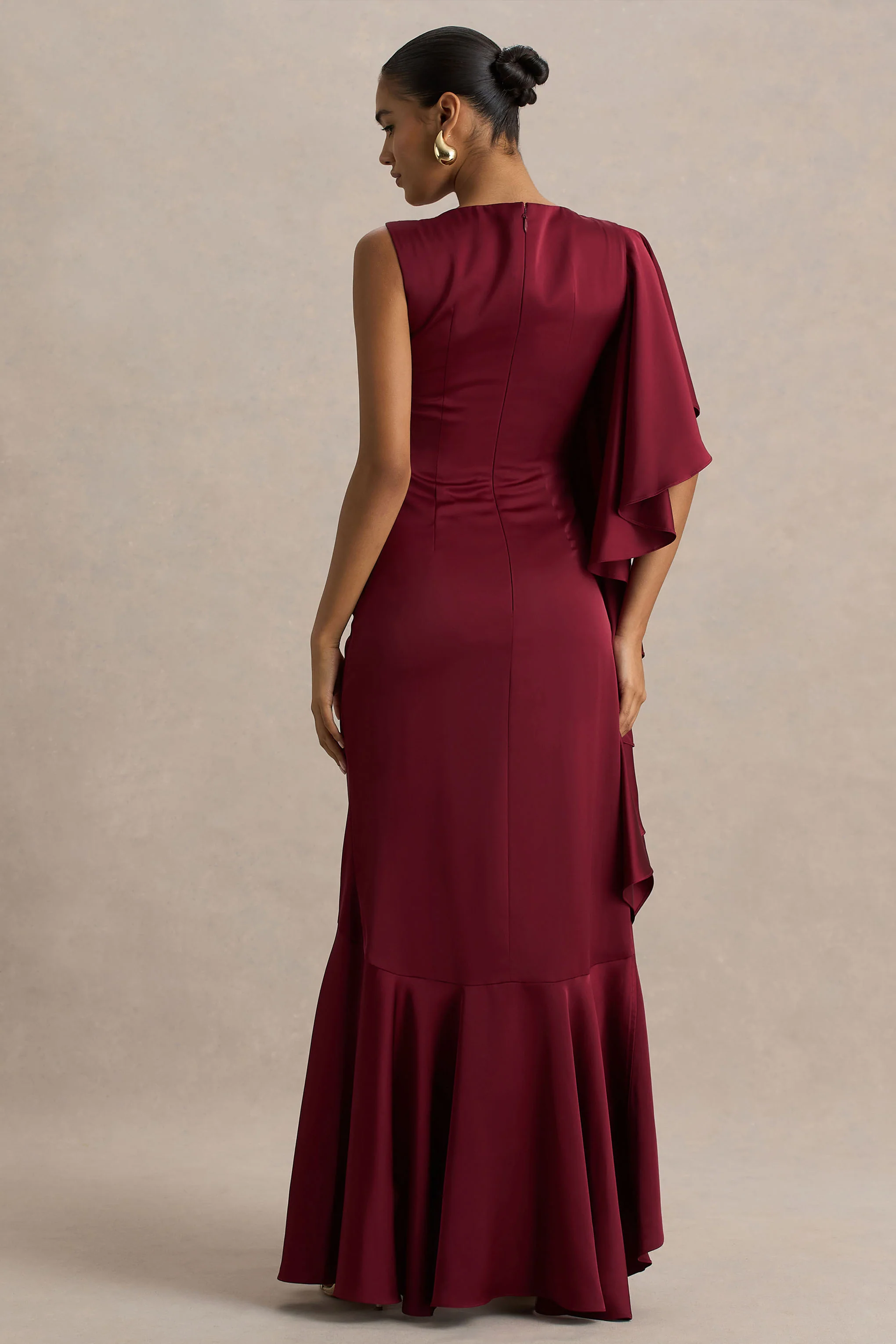 Rosy | Burgundy Satin Boat-Neck Maxi Dress With Front Split And Ruffled Detailing - Image 2
