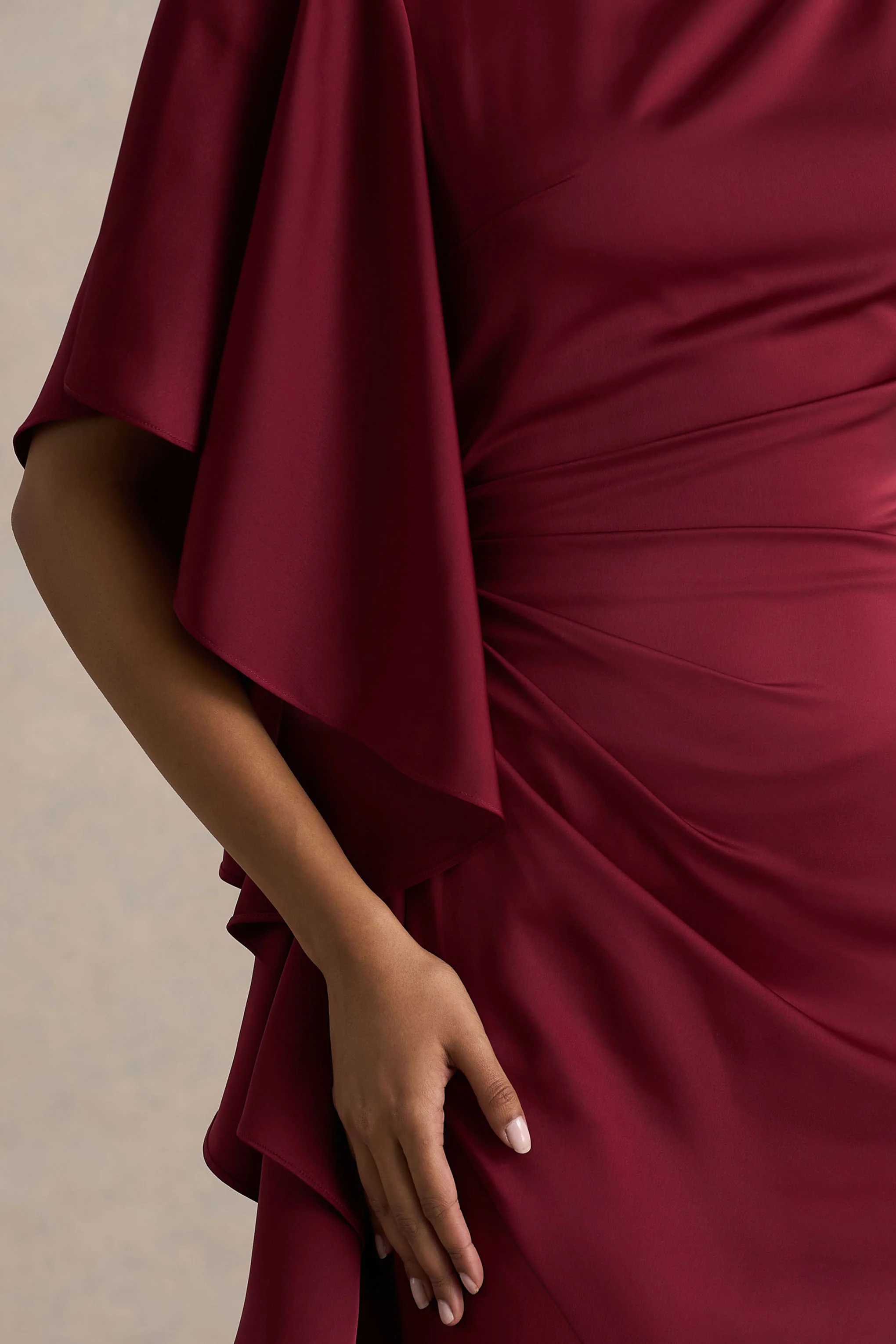 Rosy | Burgundy Satin Boat-Neck Maxi Dress With Front Split And Ruffled Detailing - Image 3